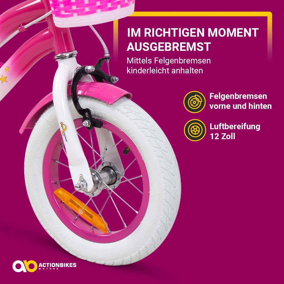 Actionbikes Motors Kinderfahrrad Mädchen Kinder Fahrrad Unicorn inkl. Puppensitz & Fahrradkorb, 1 Gang, ohne Schaltung, (Einhorn-Design, 12 Zoll, ab 95 cm Körpergröße, max. Zuladung 35 kg, Stützräder, Klingel, Reflektoren, Antirutschgriffe, Lenkerschutz, V-Brake-Bremse, Luftbereifung, Schutzbleche, pink / weiß), höhenverstellbares Bike Mädchen Rad Kinderrad ab 2 Jahre