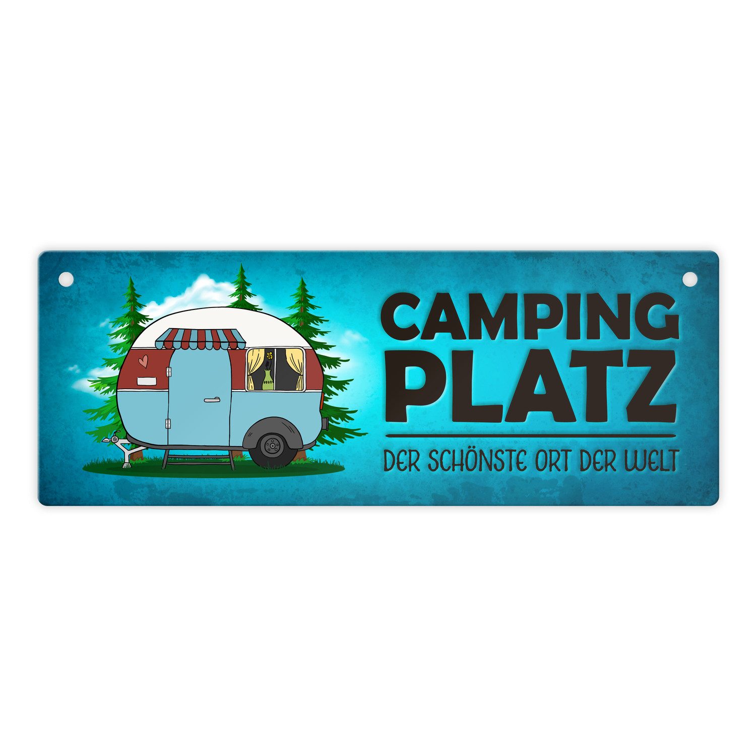 speecheese Metallschild Campingplatz Metallschild in blau mit Wohnwagen Motiv Wohnmobil Hobby