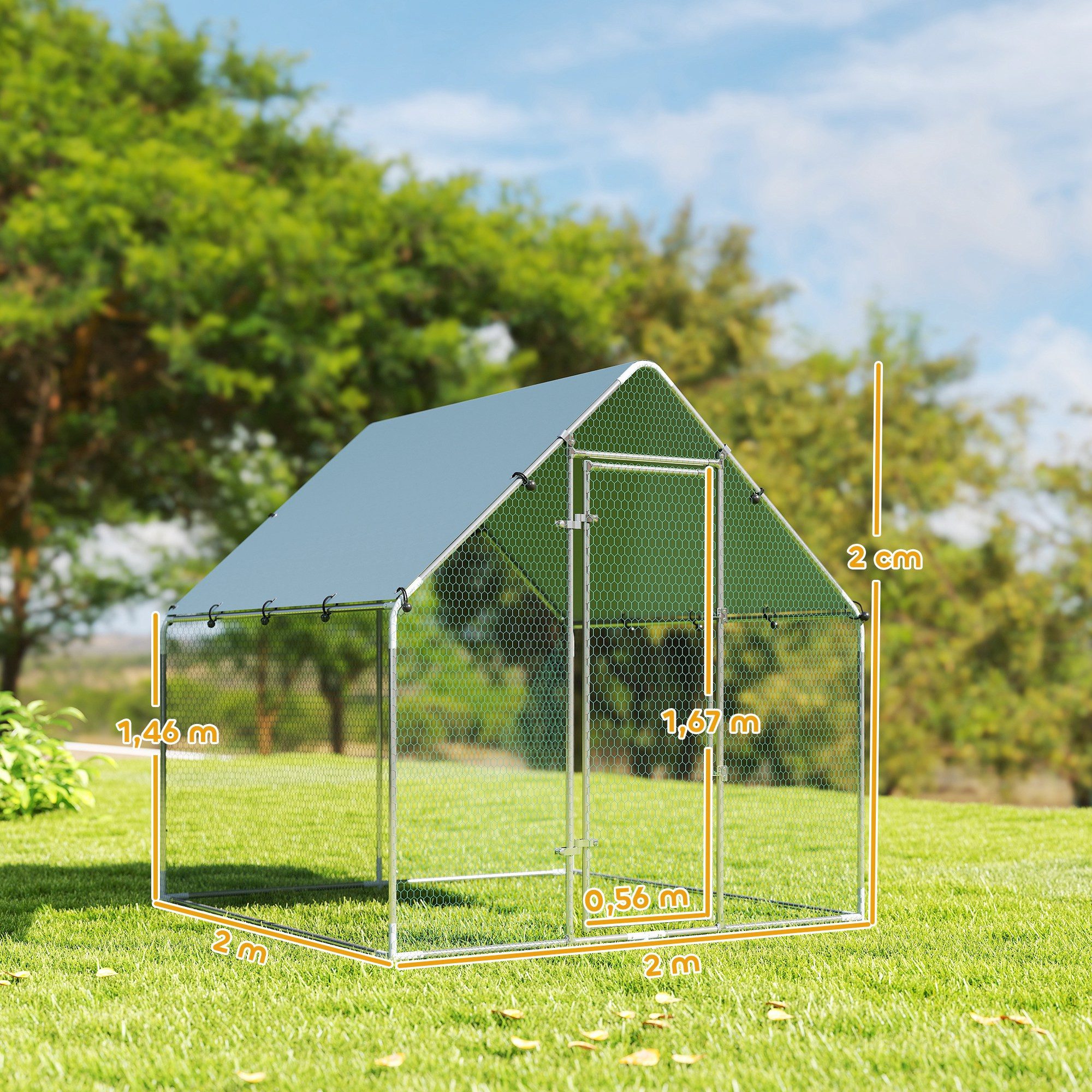 PawHut Hühnerstall Hühnergehege mit wetterfester UV-Dachabdeckung abschließbarer Tür, aus Verzinkter Stahl, für Kaninchen, Enten, Gänse, 2x2x2 m, Silber