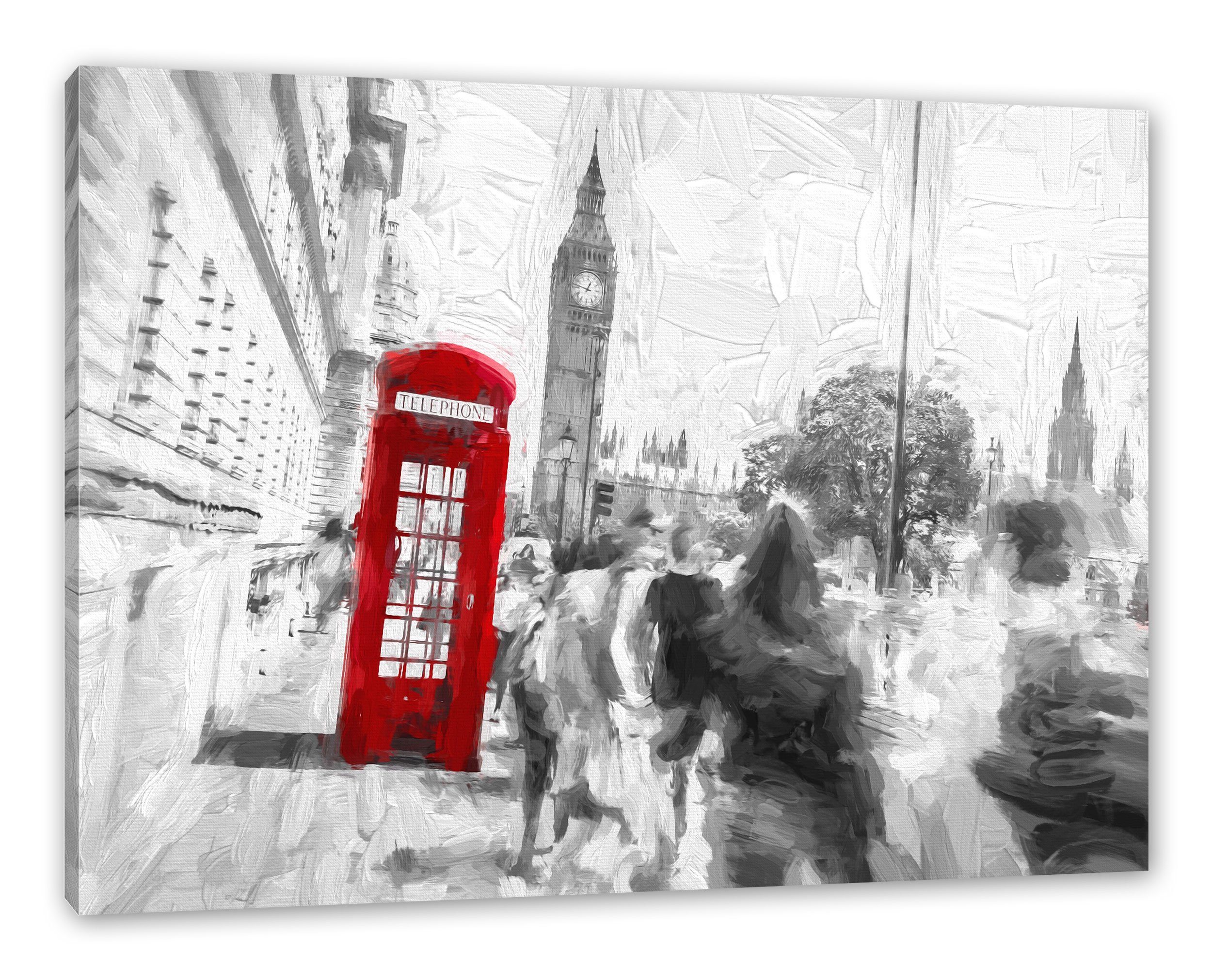 bespannt, Zackenaufhänger St), Leinwandbild (1 Pixxprint Leinwandbild in Telefonzelle in London fertig Telefonzelle London, inkl.