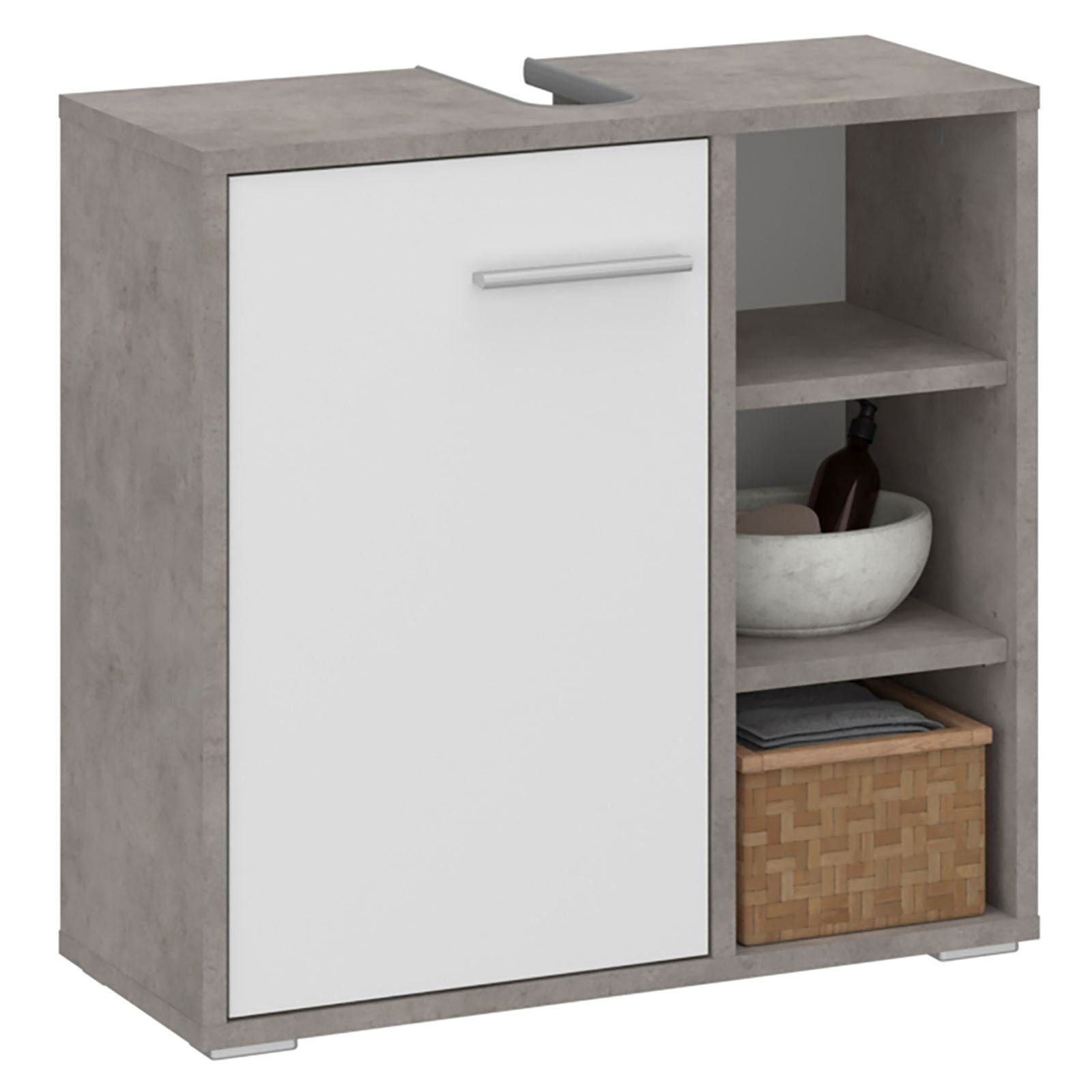 CARO-Möbel Waschbeckenschrank ORNA Waschbeckenunterschrank mit Tür und 3 offenen Fächern Betonoptik/weiß