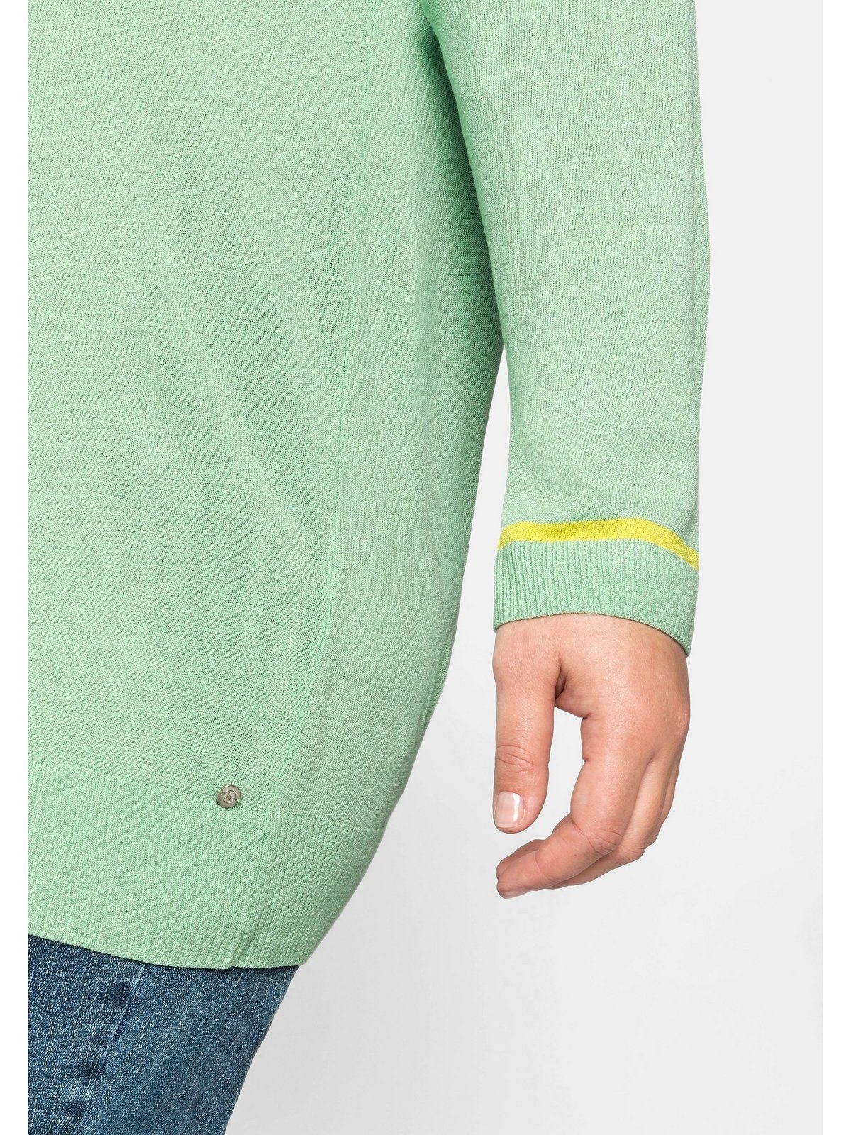 Damen Pullover Sheego V-Ausschnitt-Pullover sheego Pullover mit tiefem V-Ausschnitt und Kontraststreifen