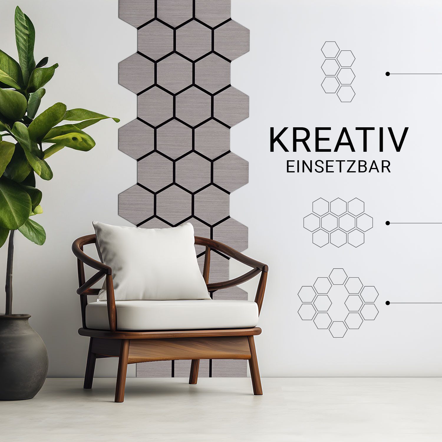 Homestyle4u Wandpaneel je 76x62 cm Hexagon Wand Akustikpaneele Holz Schallschutz Filz Paneele, (4er Set, 4-tlg., 4 Akustikpaneele, Garderobe, Flur) 3D Akustik Paneel Grau zum Kleben oder Bohren