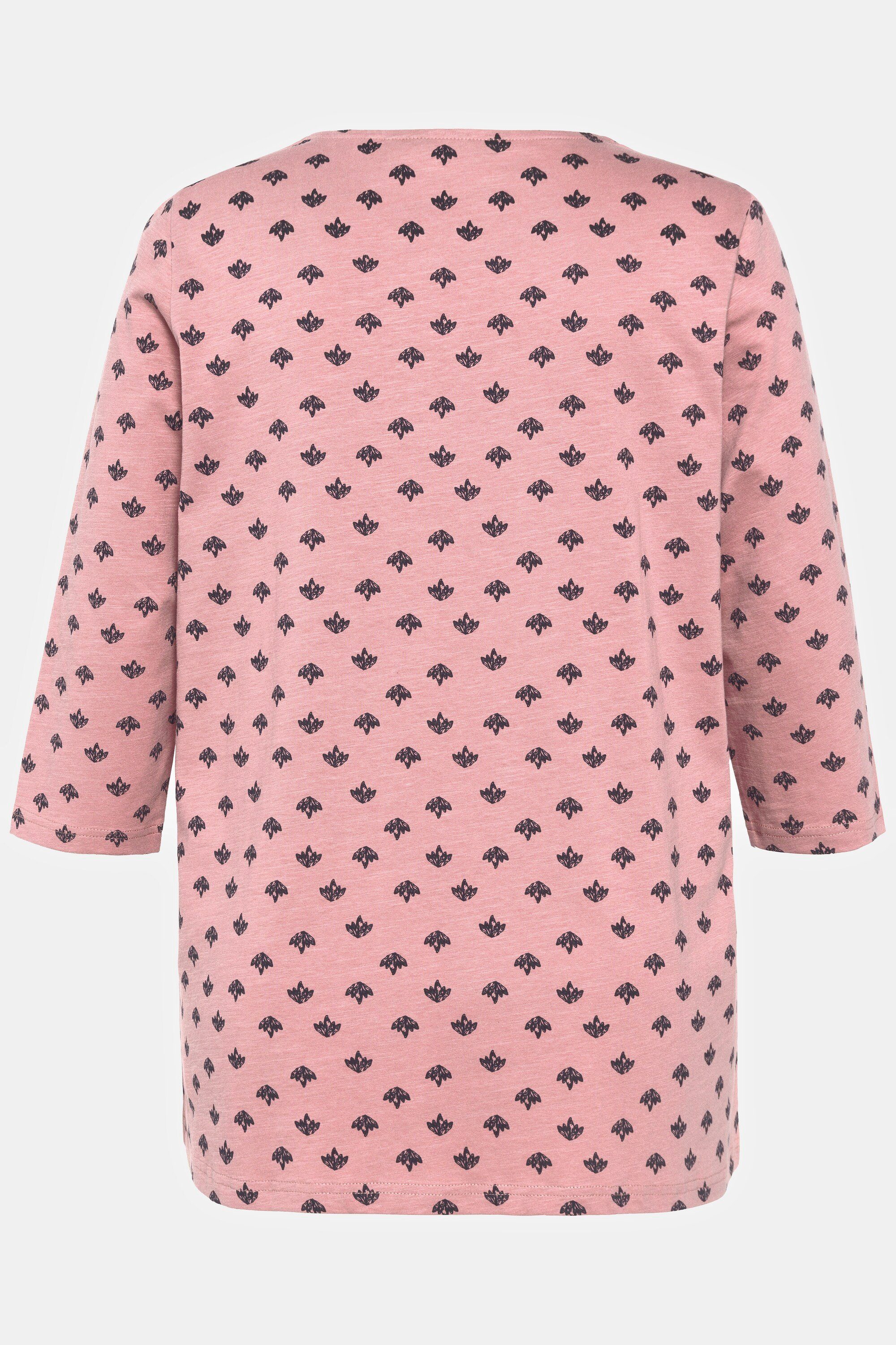 A-Linie Popken T-Shirt Rundhalsshirt rosequartz V-Ausschnitt Zierbänder 3/4-Arm Ulla