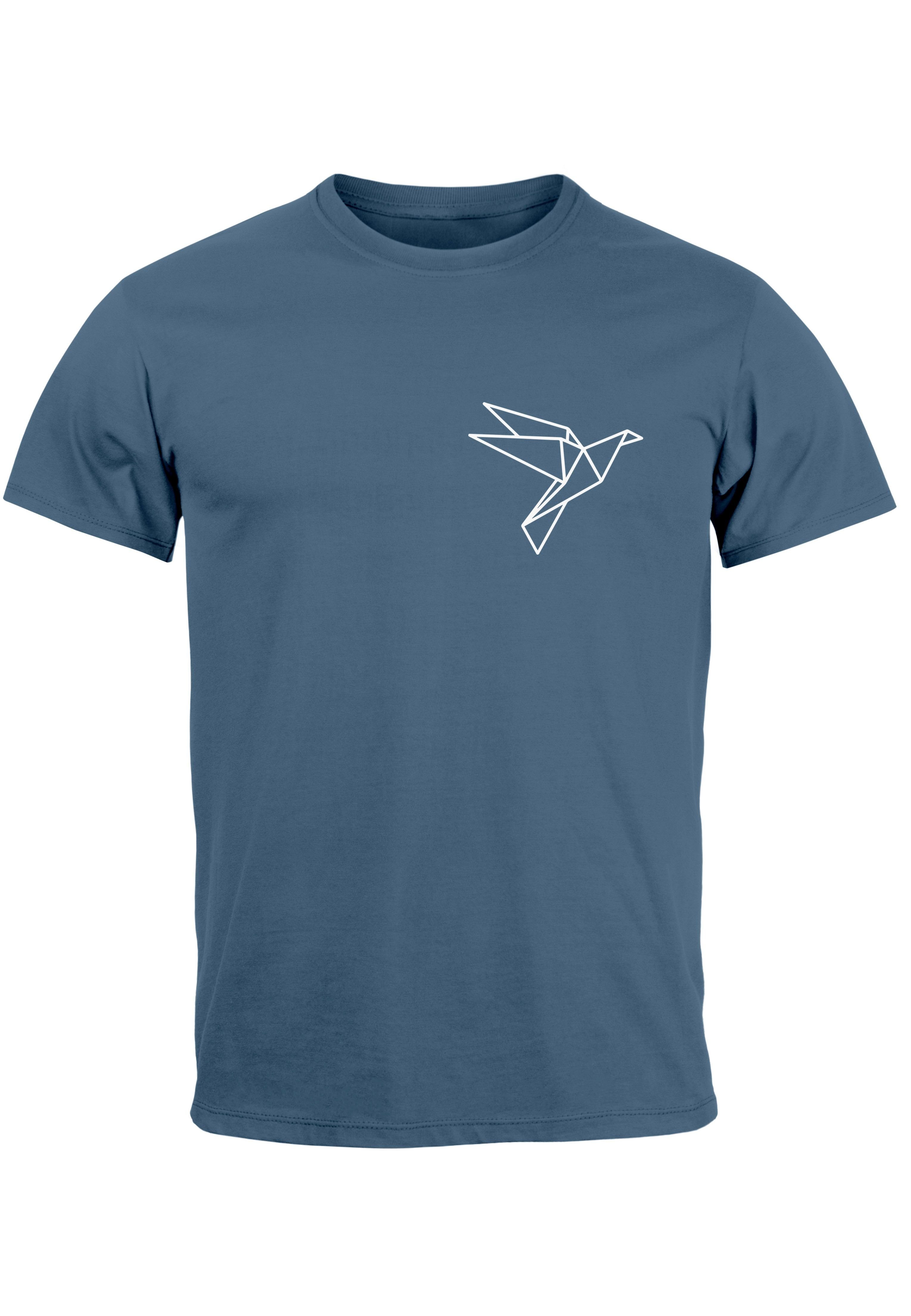 Neverless Vogel blue Herren T-Shirt Aufdruck Print-Shirt denim mit Brustprint Polygon Origami Print Logo Fashion