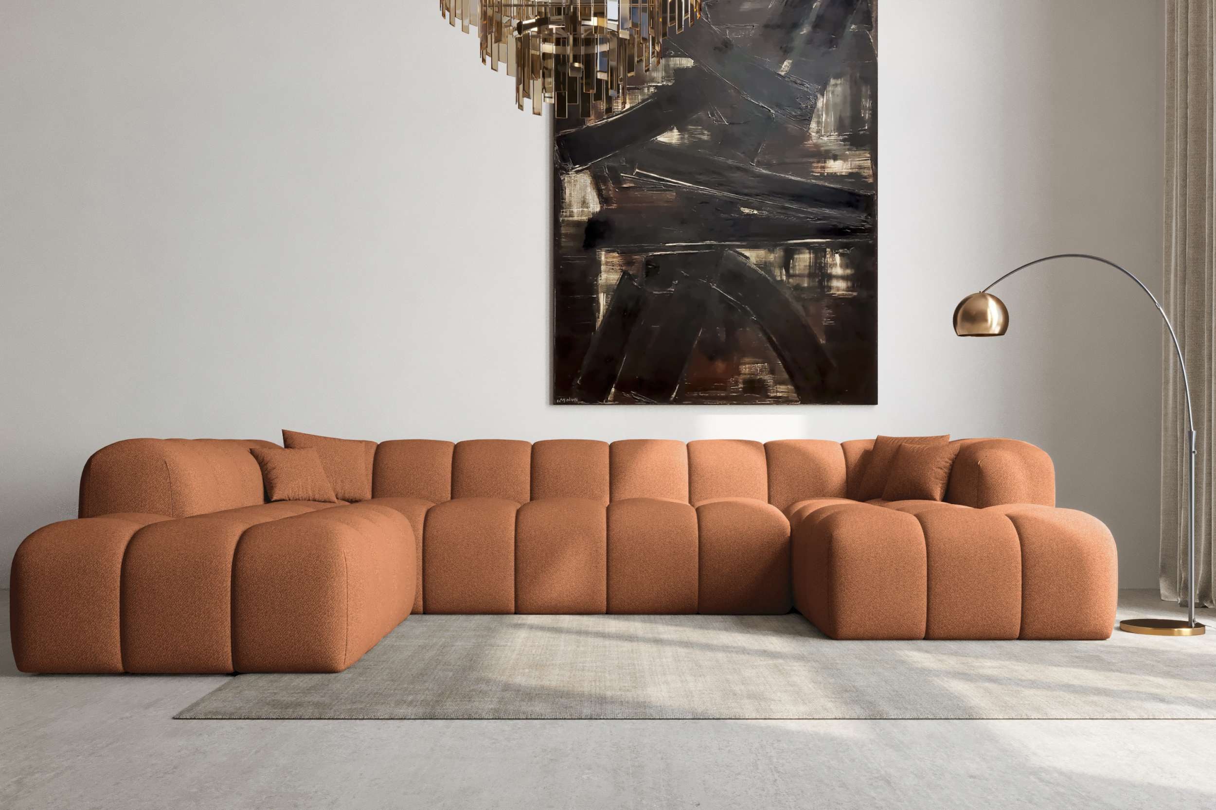 99rooms Wohnlandschaft Livorno XXL, Sofa, U-Form, Rundumbezug aus gepolstertem Strukturstoff NEVE