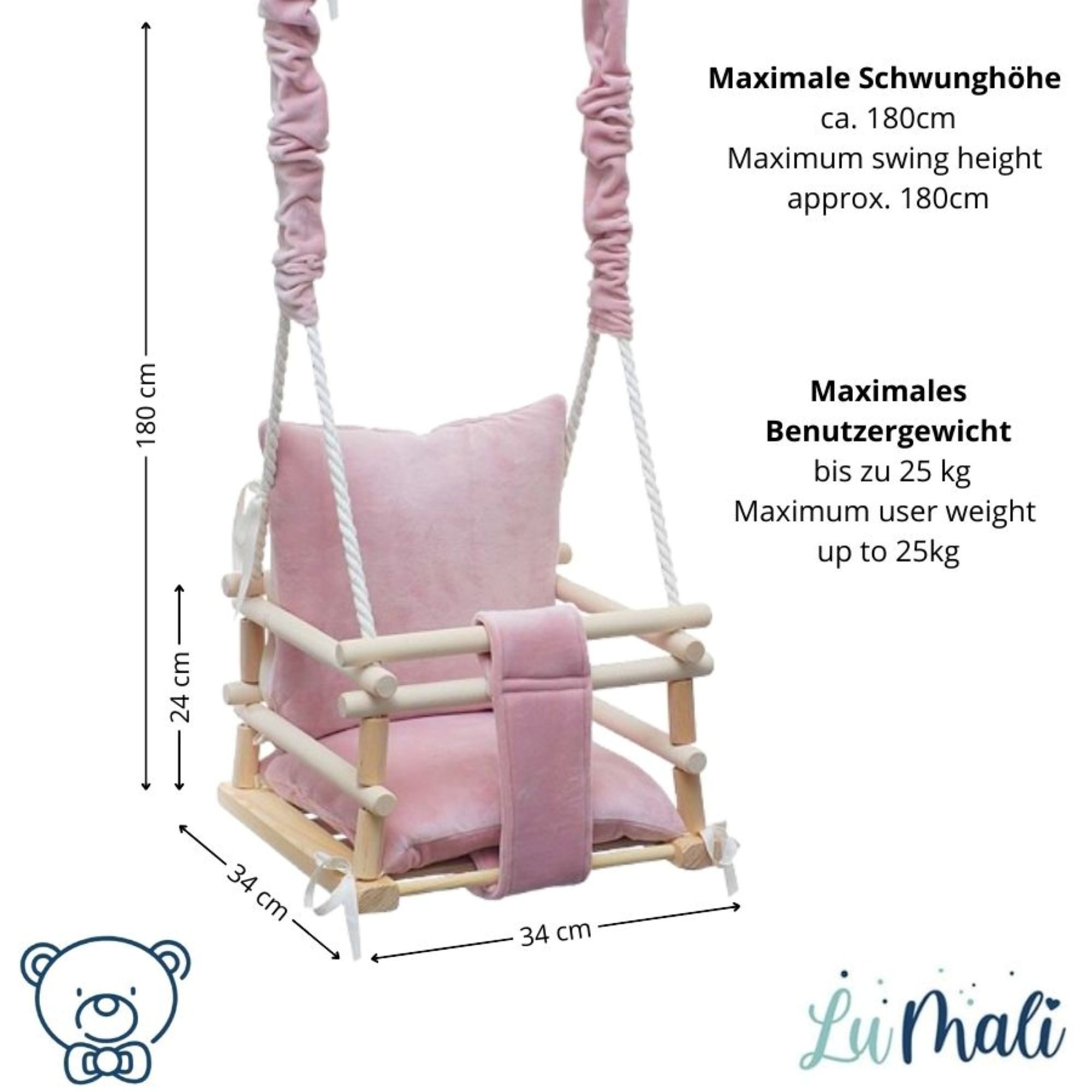 LuMali Babyschaukel Babyschaukel 3in1 Holz Sicherheitsgurt drinnen draußen 34x34x28cm, Kinderschaukel Naturholz Kiefer weich verstellbar 6-36 Monate