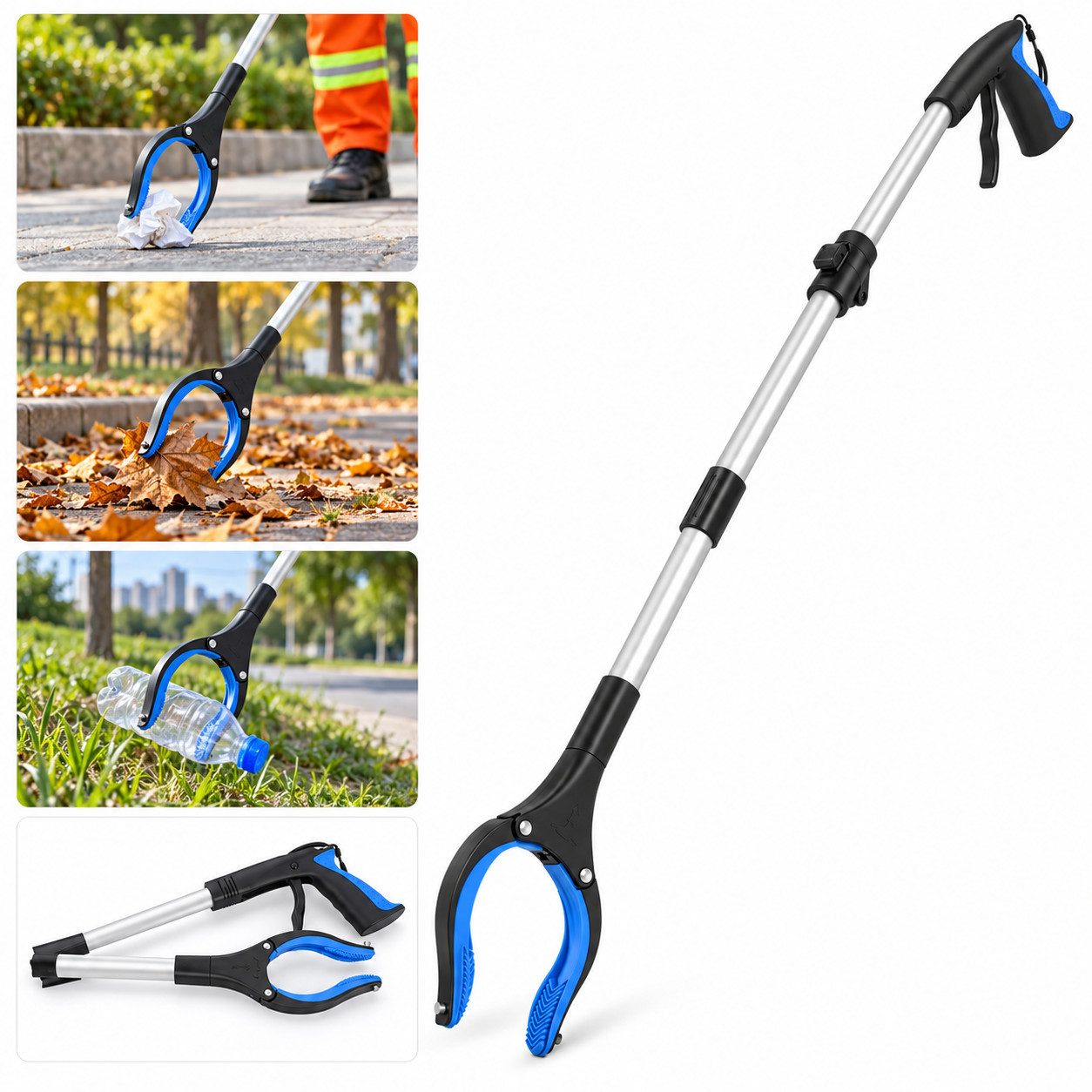 Fyrove Greifzange Müllgreifer faltbar aus Aluminium mit Magnet für Haushalt & Garten, Set 1-tlg., Aluminium-Schaft, rutschfester Silikon-Greifkopf, Rückenschonendes Arbeiten, faltbares Design für platzsparende