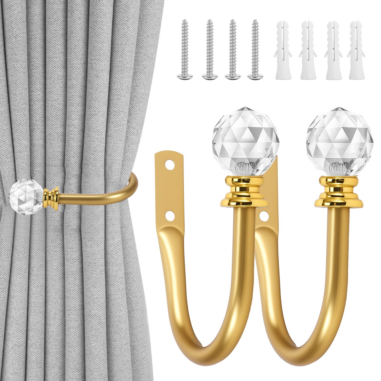 BlingBin Raffhalter Raffbügel für Gardinen, Wandhaken Metall mit Kristallkugel, Dekoschals, Gardinen, Scheibengardinen, Verdunkelungsvorhänge, Duschvorhänge, leichte bis schwere Vorhänge, Vorhange, (2er Set, 2-tlg., 2 × Gardinenhalter), robuste Metalldekoration, Vorhang Haken mit Schrauben