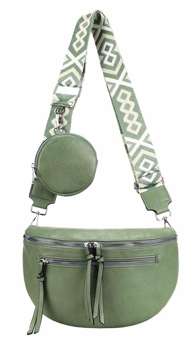 ITALYSHOP24 Bauchtasche Damen Brusttasche Crossover Umhängetasche CrossBody Bag Geldtasche (Spar-Set aus einer Tasche mit einem breitem Muster Stoffgurt/Umhängeband, 1 Tasche + 1 kleine abnehmbare vielseitige Geldtasche als Geschenk), Bodybag, Handytasche, Hüfttasche, Schultertasche, leicht Gewicht