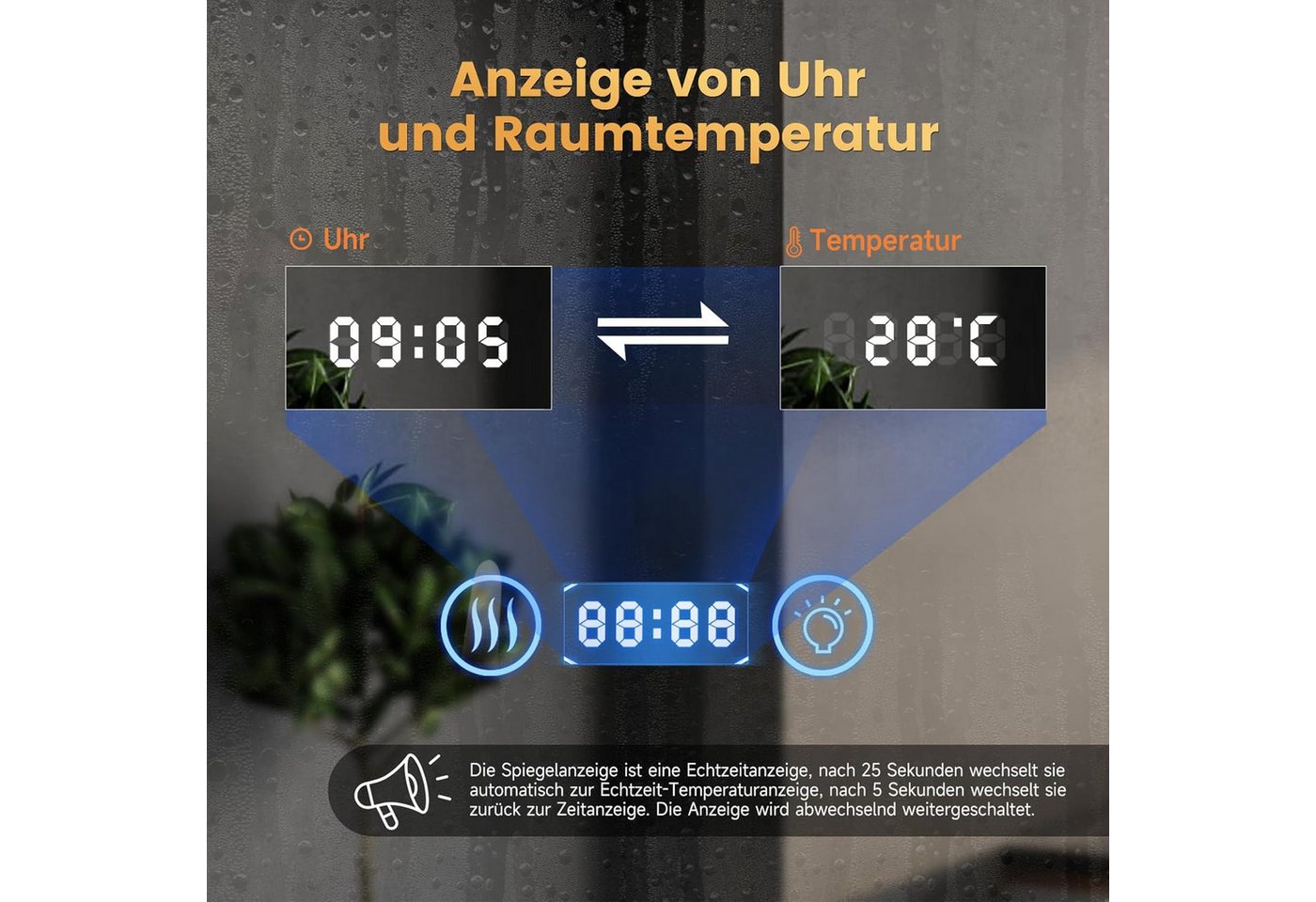 Thumbnail - YOLEO Badspiegel Rund LED Wandspiegel Badezimmerspiegel Beleuchtung mit Uhr Temperatur
