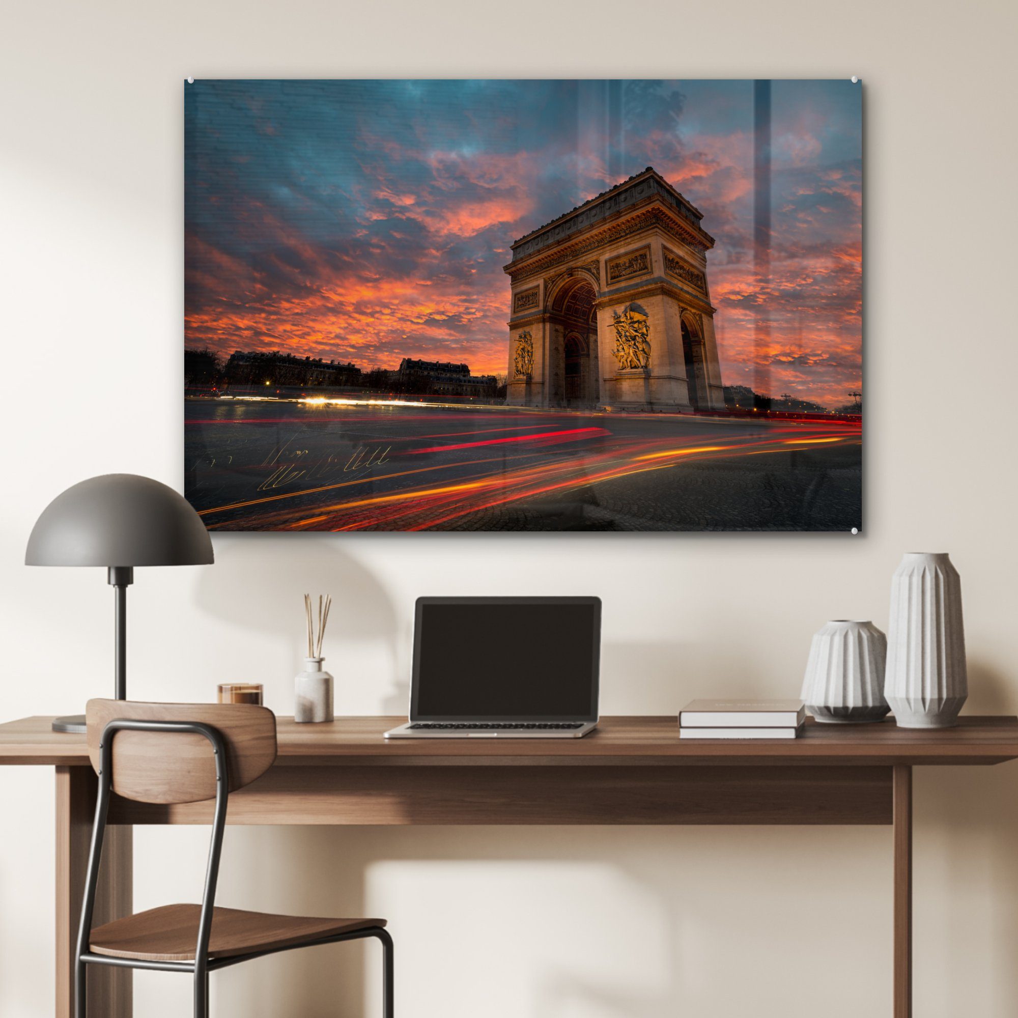 Acrylglasbilder (1 Acrylglasbild Farbenfroher über Paris, dem in & Wohnzimmer Schlafzimmer Triumphbogen Himmel MuchoWow St),