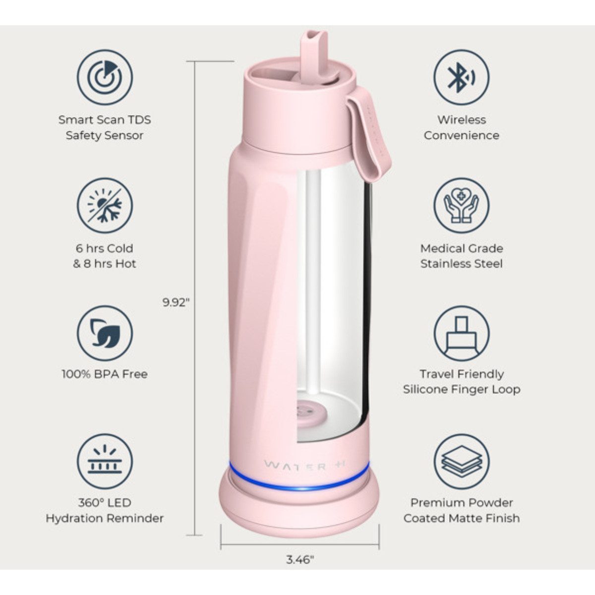 WaterH Trinkflasche Vita, TDS-Sensor, 530 ml, Pink