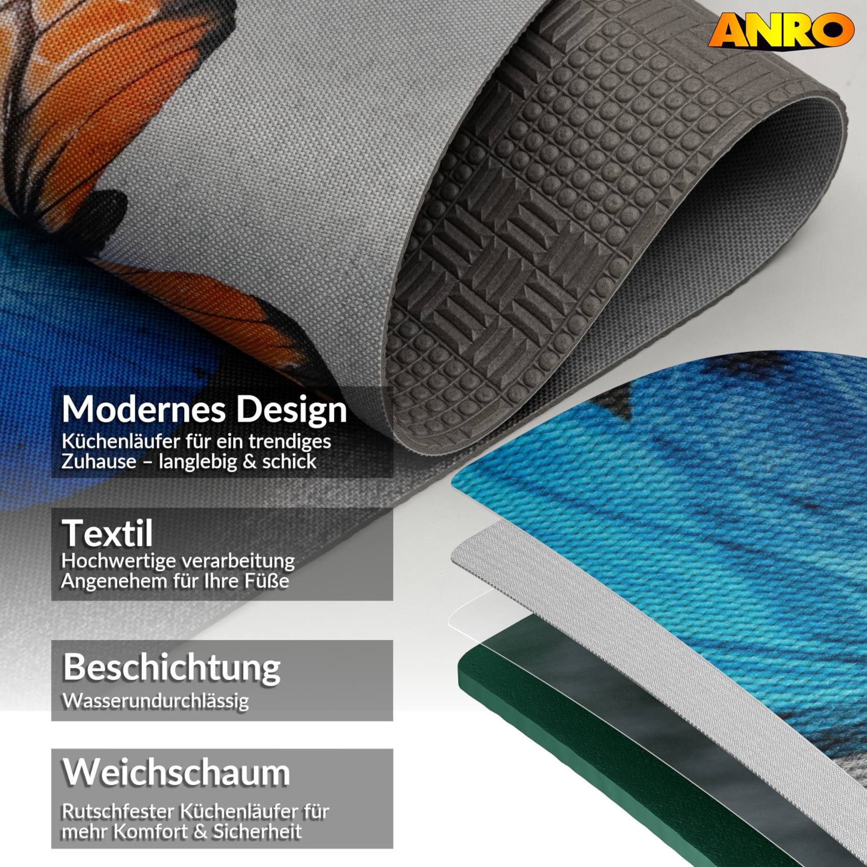 ANRO Küchenläufer LUIGI Schmetterlinge pflegeleicht hochwertig Flurläufer Küchenteppich, eckig, Höhe: 3 mm, Teppichläufer 100cm Natur Bunt wasserdicht – Bild 5 von 5