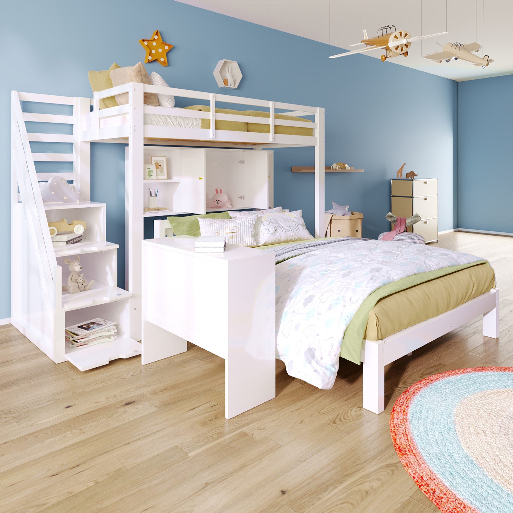 Flieks Etagenbett, Kinderbett 90x200cm+140x200cm mit Stauraumtreppe, günstig online kaufen
