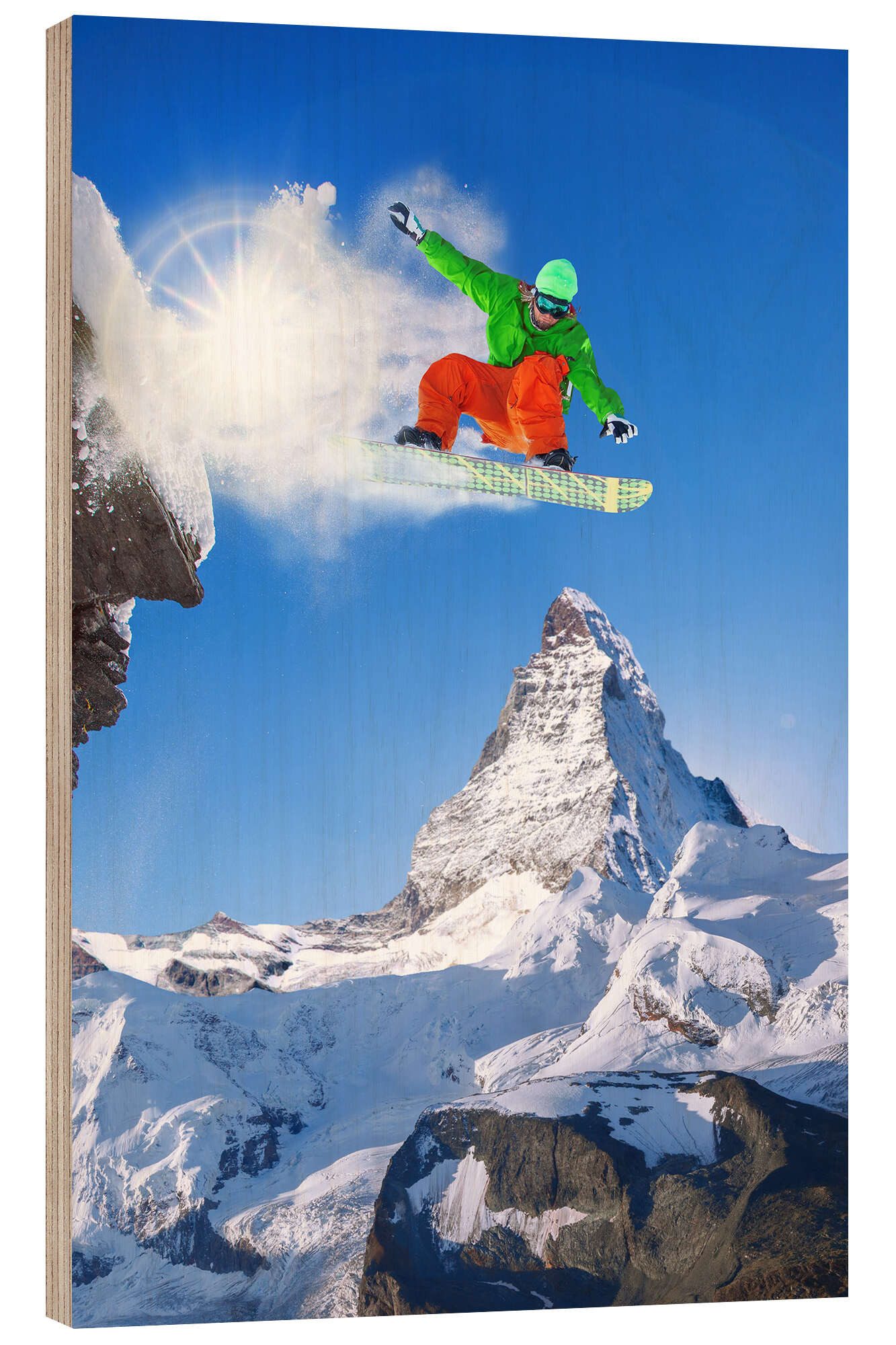 Posterlounge Holzbild Editors Choice, Snowboarder vor Matterhorn, Fotografie