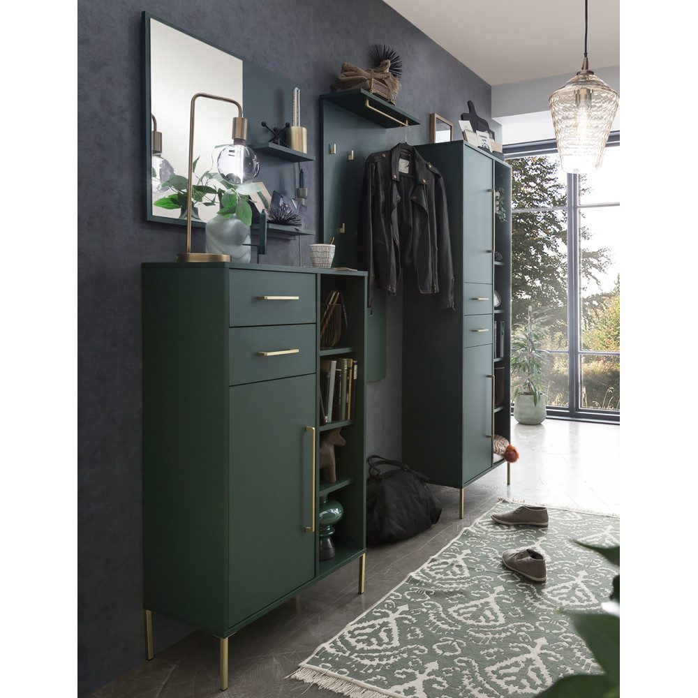 Lomadox Garderoben-Set KELLA-80, (Spar-Set, 4-St), Flur Komplettset grün Kommode Spiegel Garderobenpaneel Flurschrank