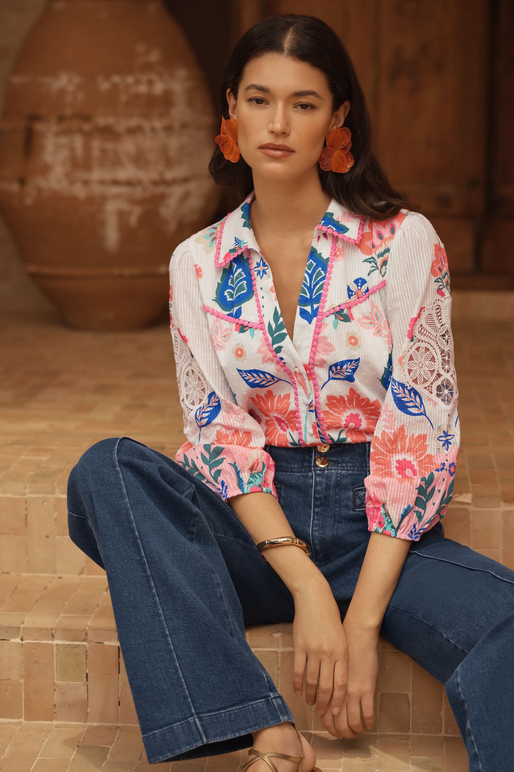 Love & Roses Spitzenbluse Love & Roses Bluse mit Print und Spitze, Regular (1-tlg)