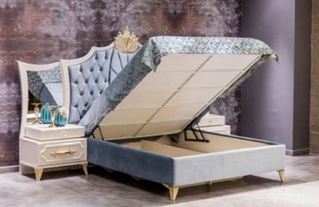Casa Padrino Bett Schlafzimmer Set Blau / Weiß / Gold - 1 Doppelbett mit Kopfteil & 2 Nachttische mit Spiegel - Schlafzimmer Möbel - Edel & Prunkvoll