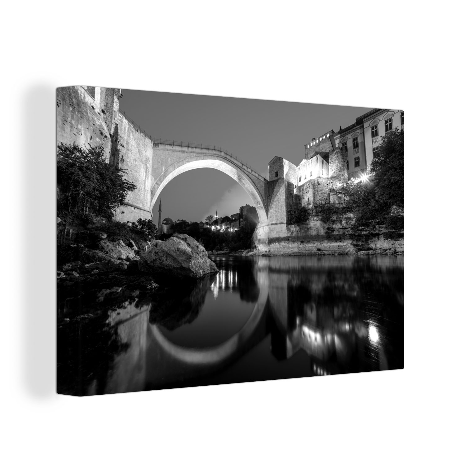 OneMillionCanvasses® Leinwandbild Schöner Himmel über der Stari Most Brücke und schöne Reflexion im, (1 St), Wandbild Leinwandbilder, Aufhängefertig, Wanddeko, 30x20 cm