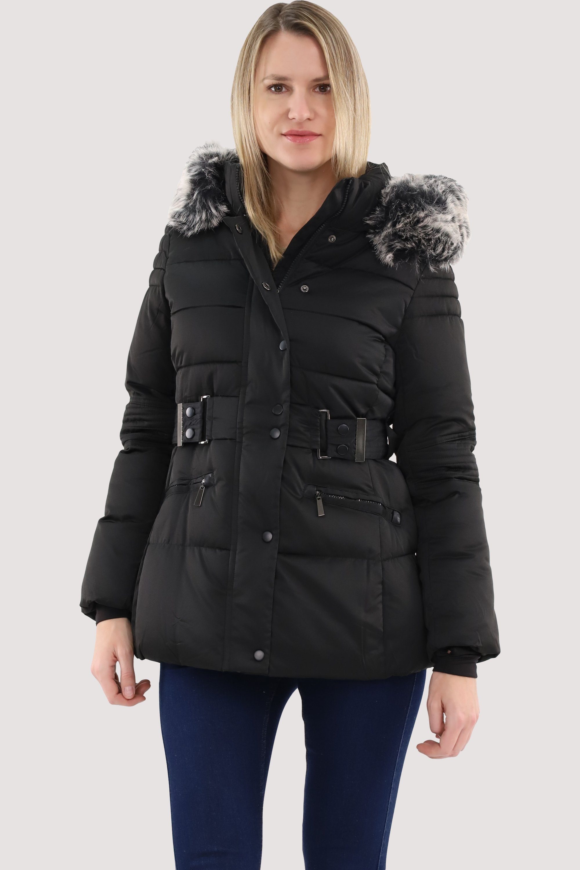 malito more than fashion Steppjacke figurbetonte Kunstfell - schwarz Winterjacke mit 81169 gefütterte Kapuze kurz