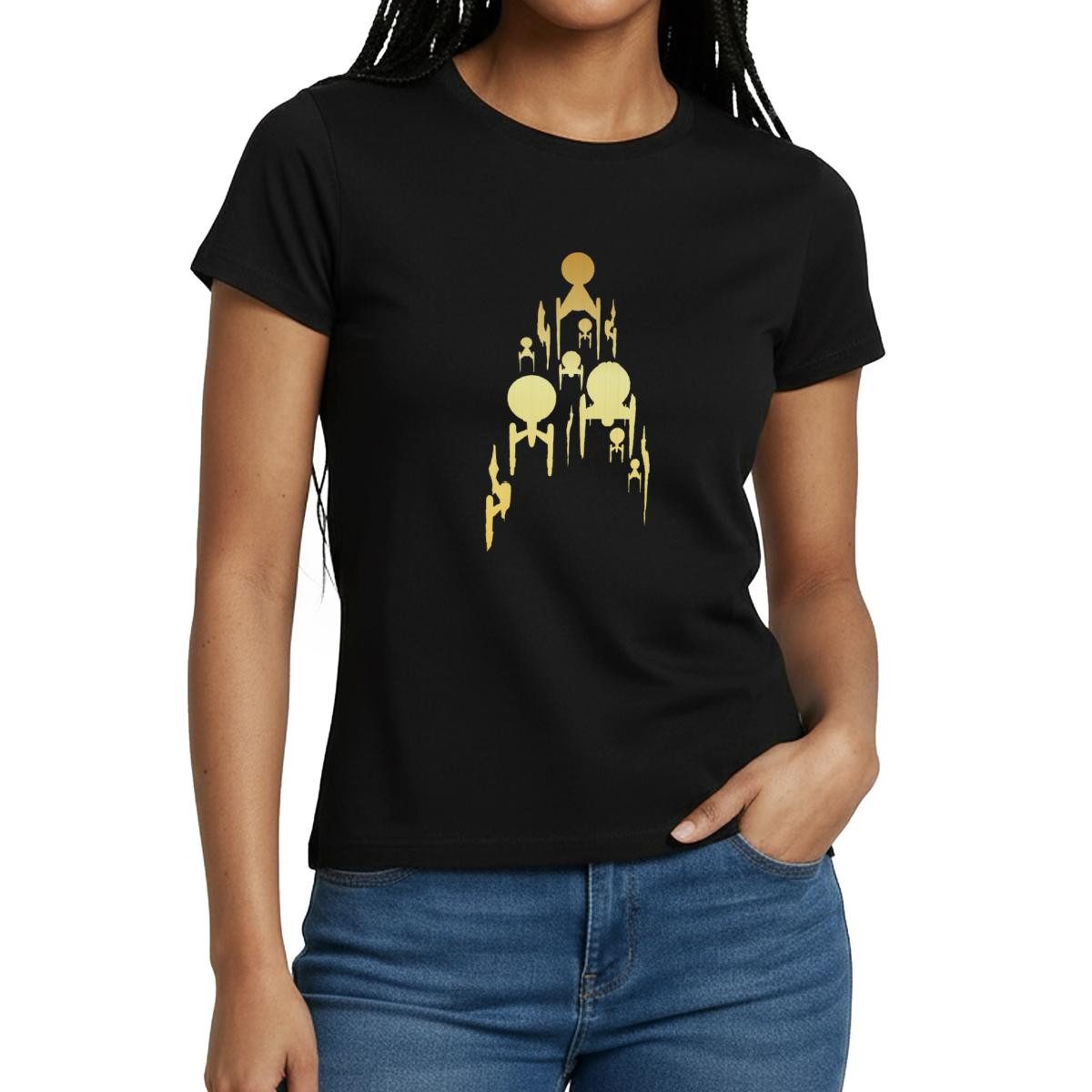 Spreadshirt T-Shirt Star Trek Discovery Gold Raumschiff Frauen T-Shirt (1-tlg)