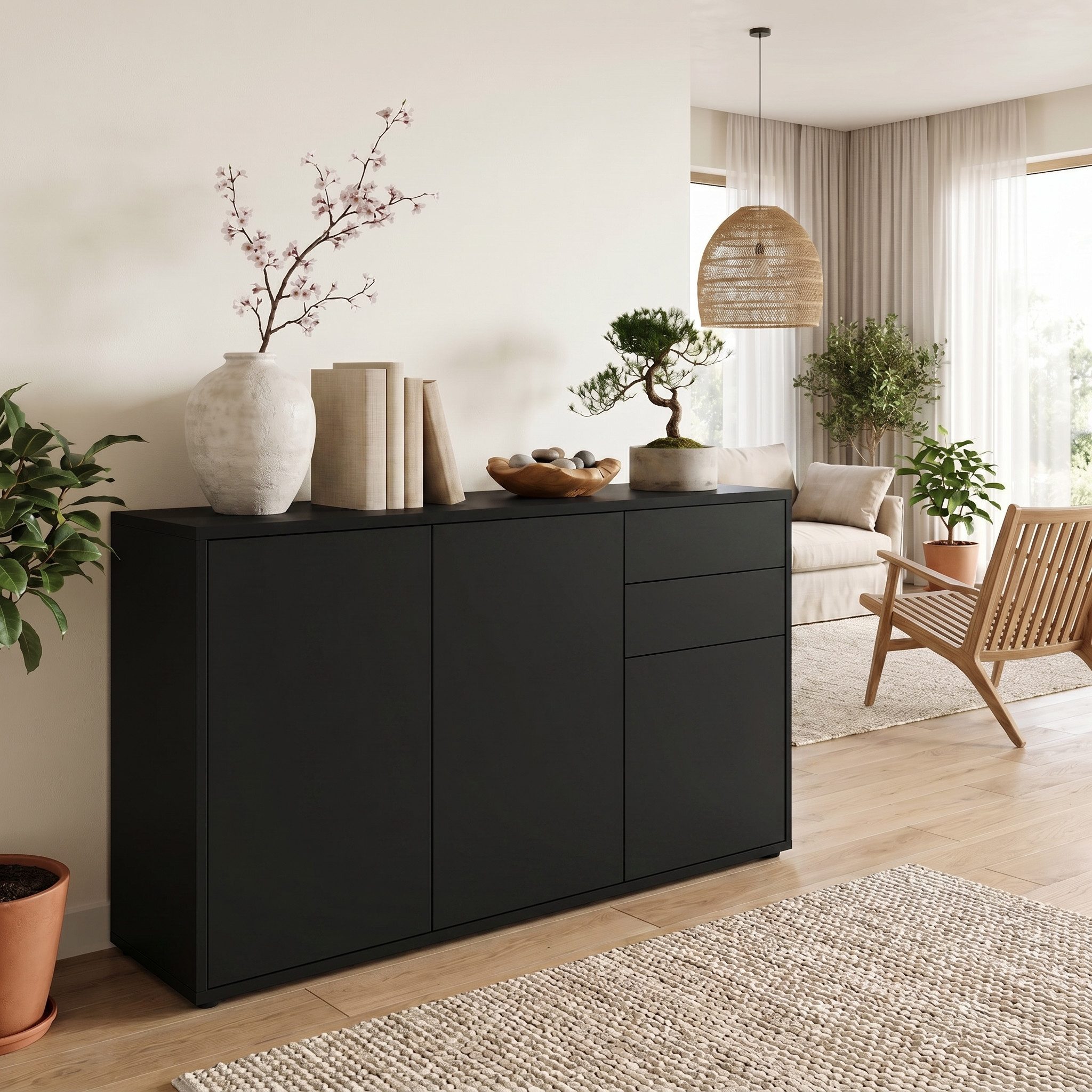 Vladon Kommode Ben V3 (Kommode, mit 3 Türen und 2 Schubladen), Schwarz matt/Schwarz matt (117 x 74 x 36 cm)
