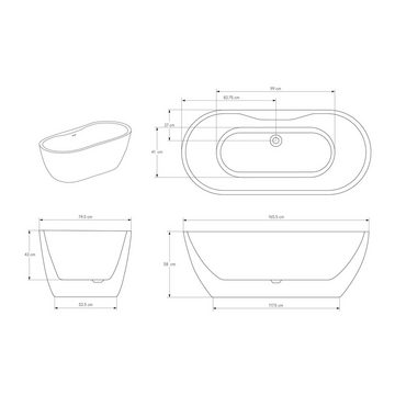 Bernstein Badewanne ROMA PLUS, (modernes Design / Acrylwanne / Sanitäracryl / mit Siphon), freistehende Wanne / Weiß Glänzend / 165,5 cm x 74,5 cm / Acryl / Oval