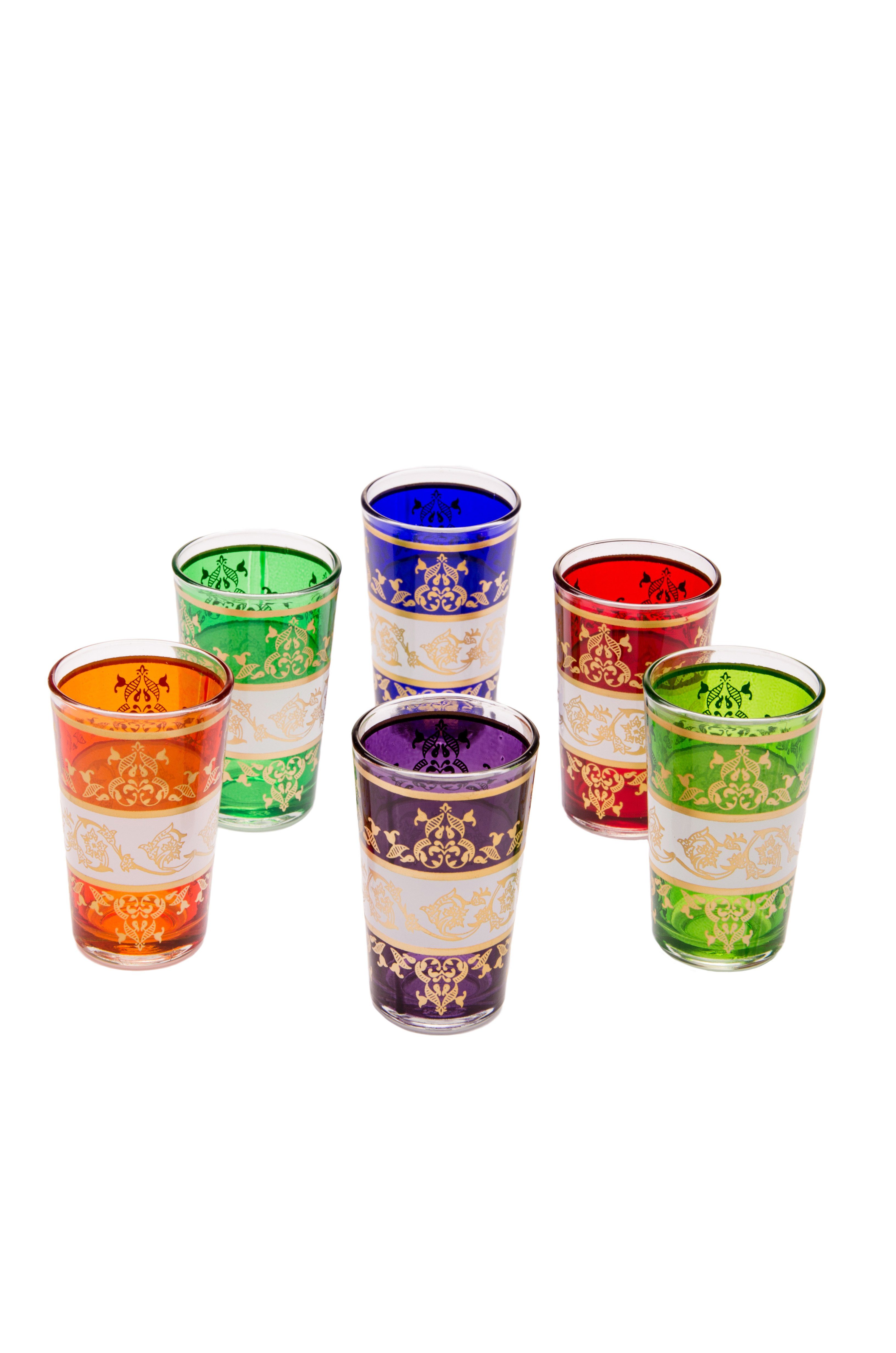 Marrakesch Orient & Mediterran Interior Teeglas Orientalische verzierte Teegläser Set 6 Gläser Laman bunt Gold, Marokkanische Tee Gläser 6 Farben Deko orientalisch, 6 x Orientalisches Marokkanisches Teeglas verziert, verschiedene Muster