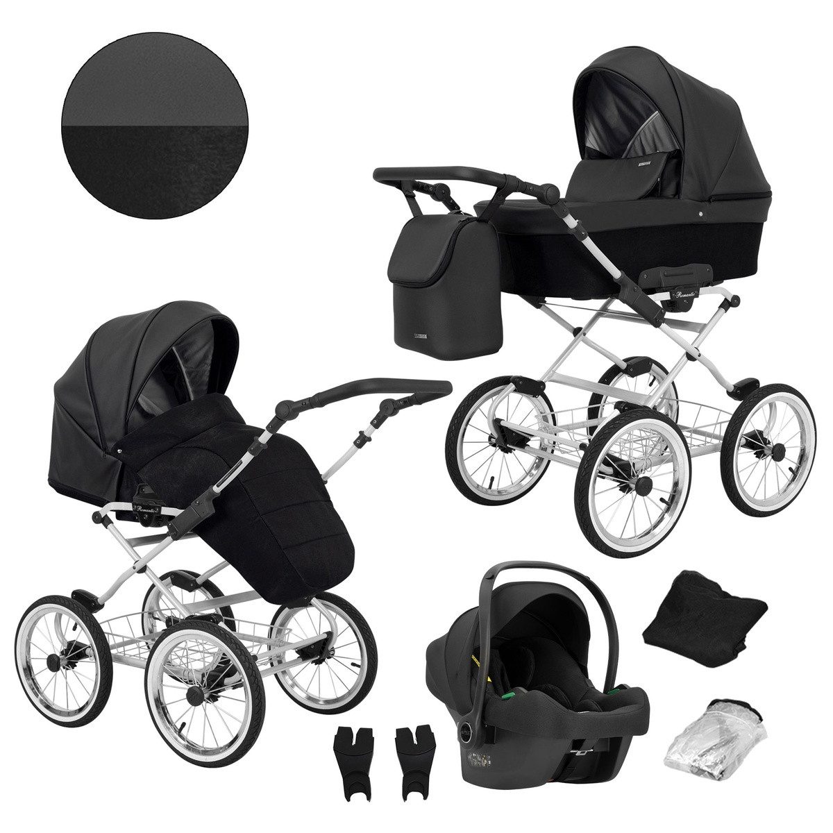 KUNERT Kombi-Kinderwagen Romantic 3-in-1 Öko-Leder Kinderwagen mit Cosmo Autositz, Große Tragewanne, stabiler Stahlrahmen, aufblasbare Räder