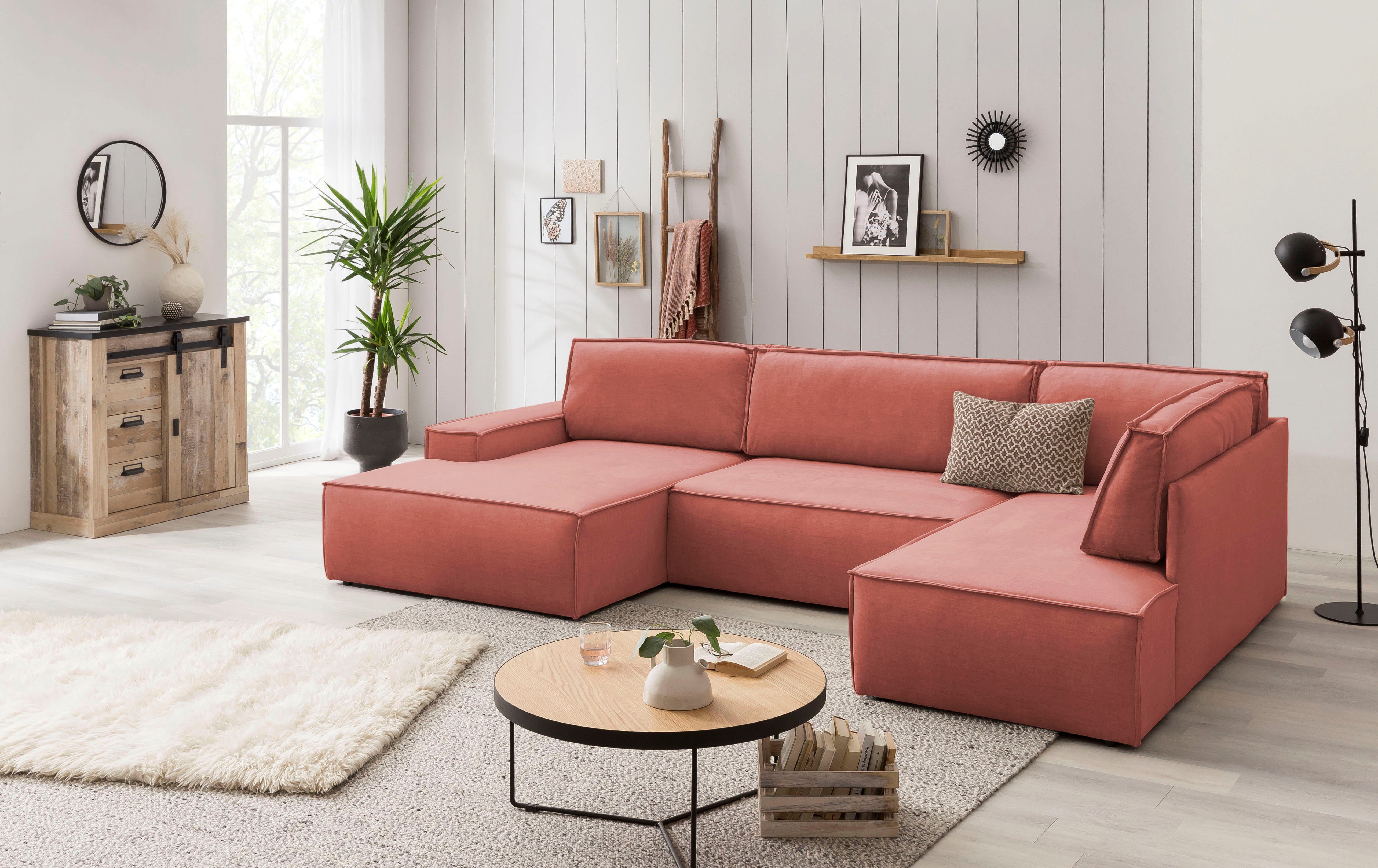 OTTO home Wohnlandschaft SHERWOOD U-Form, 329 cm - OTTO. Verlässliche Qualität., Schlaffunktion m. Bettkasten (194x139 cm), Cord, Vintage, Samtvelours