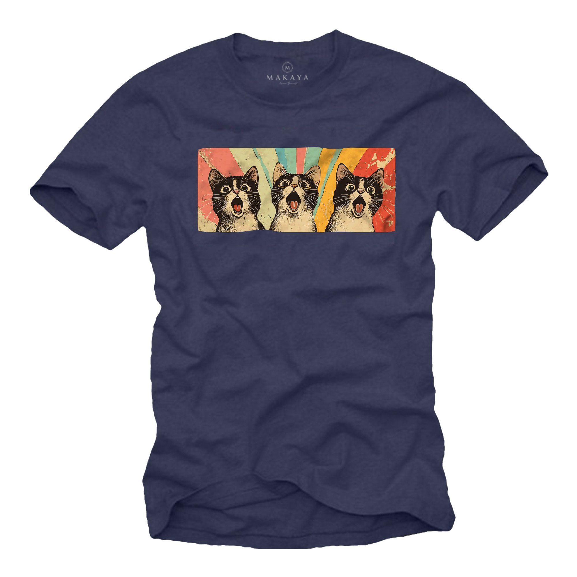 MAKAYA T-Shirt Printshirt für Männer mit lustiger Katze – Retro Vintage Design (Schwarz, Blau, Grün, Dunkelgrau, S, M, L, XL, XXL, 3XL, 4XL, 5XL) Baumwolle