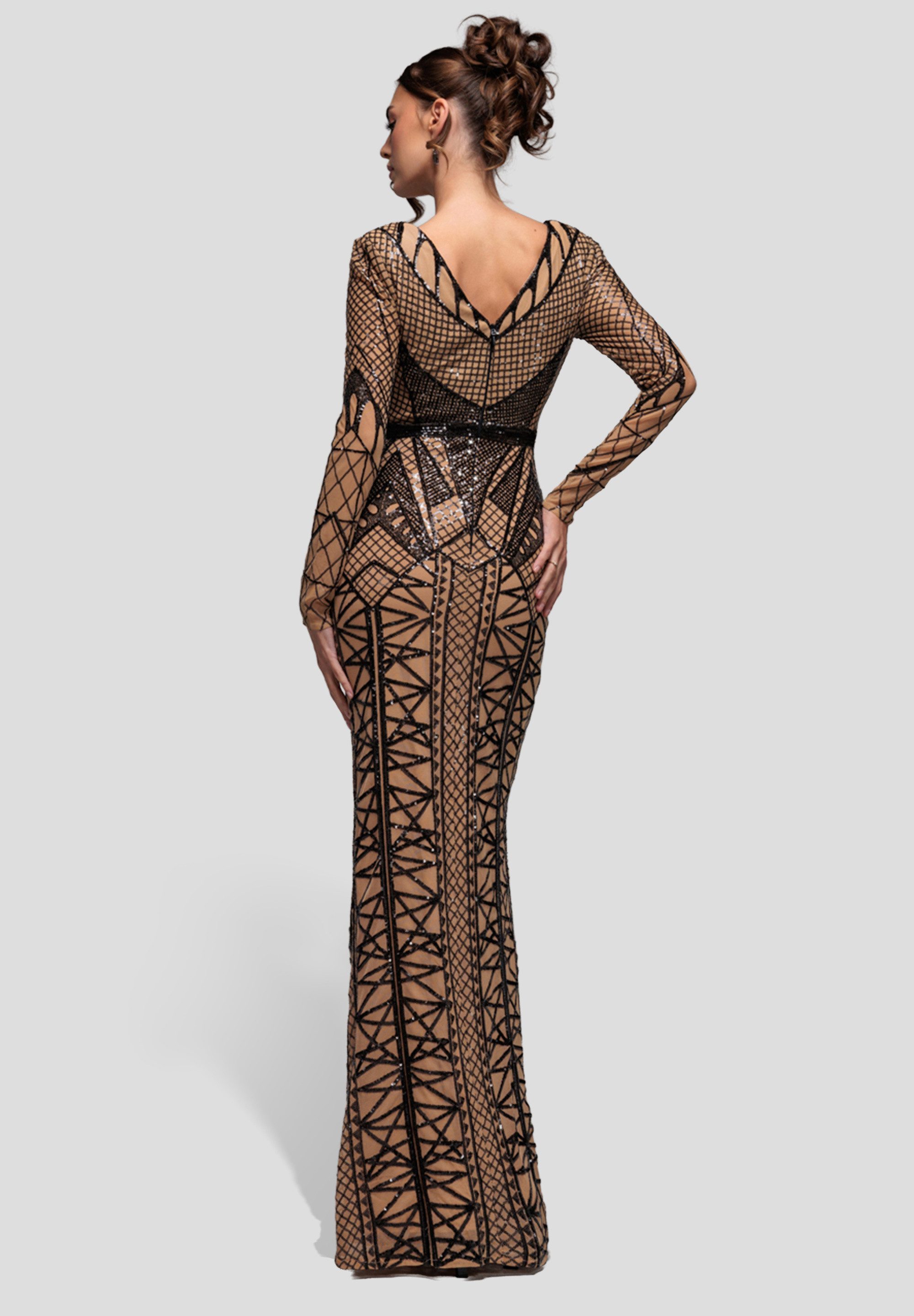 Goddiva Maxikleid Geometric Sequin Plunge Maxi Langes Kleid, Pailetten, Schulterpolster