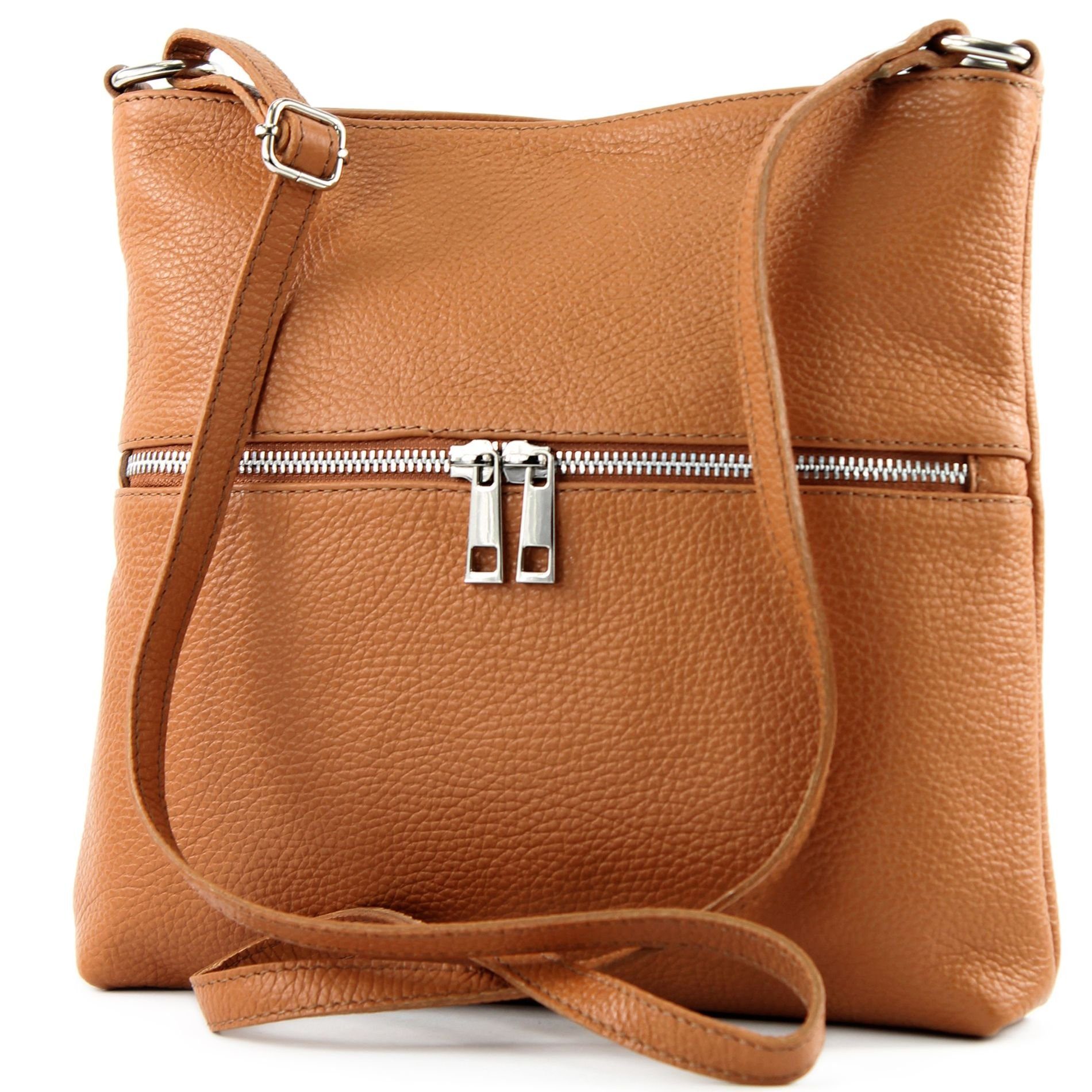 modamoda de Schultertasche T144v3, Echtleder Handmade in Italy Camel2021