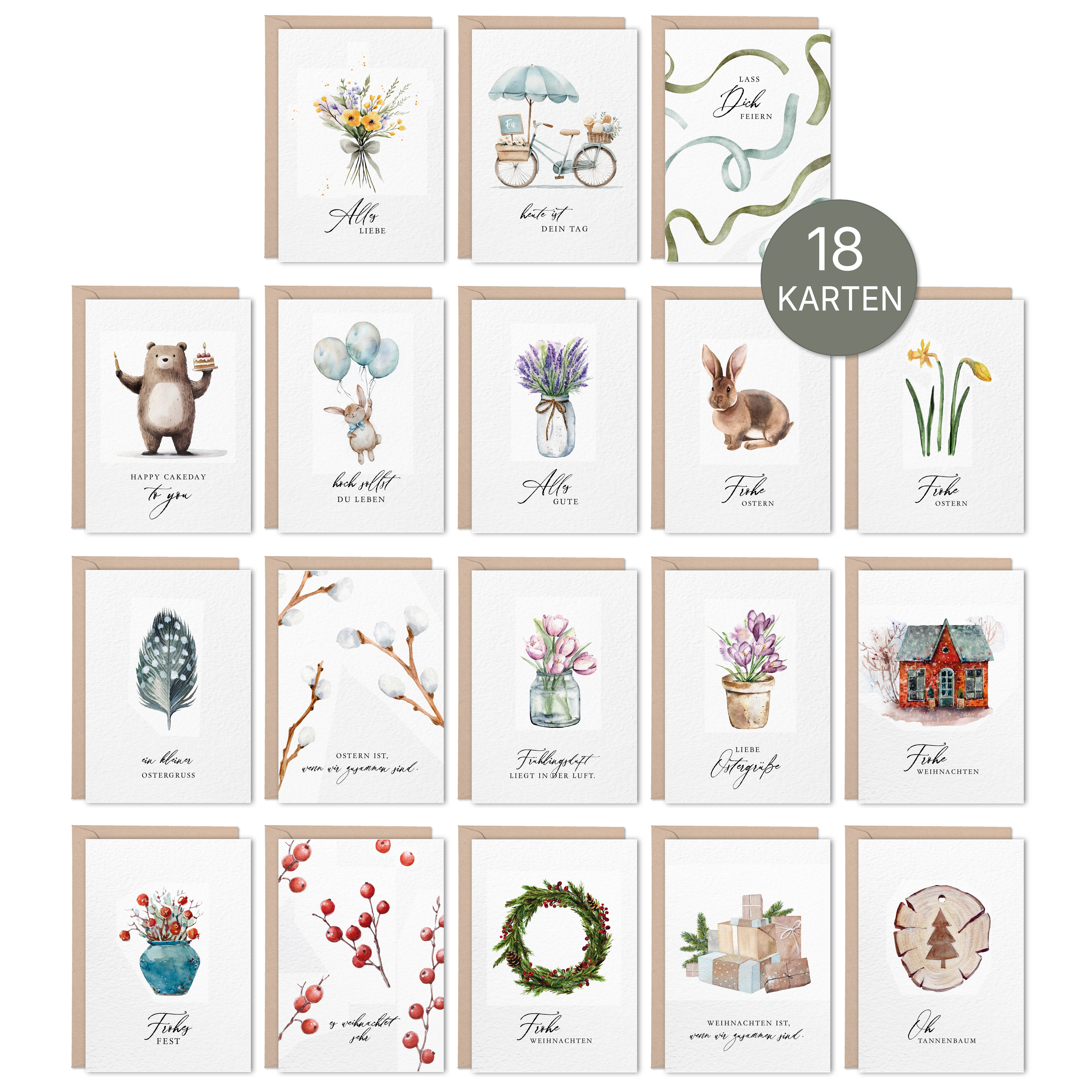 NORDEULE Grußkarten 18er Set Geburtstag Weihnachten Ostern, Geburtstagskarten & Umschläge, ideal für Geburtstagsgeschenke Weihnachtsgrüße Briefpost Ostergrüße