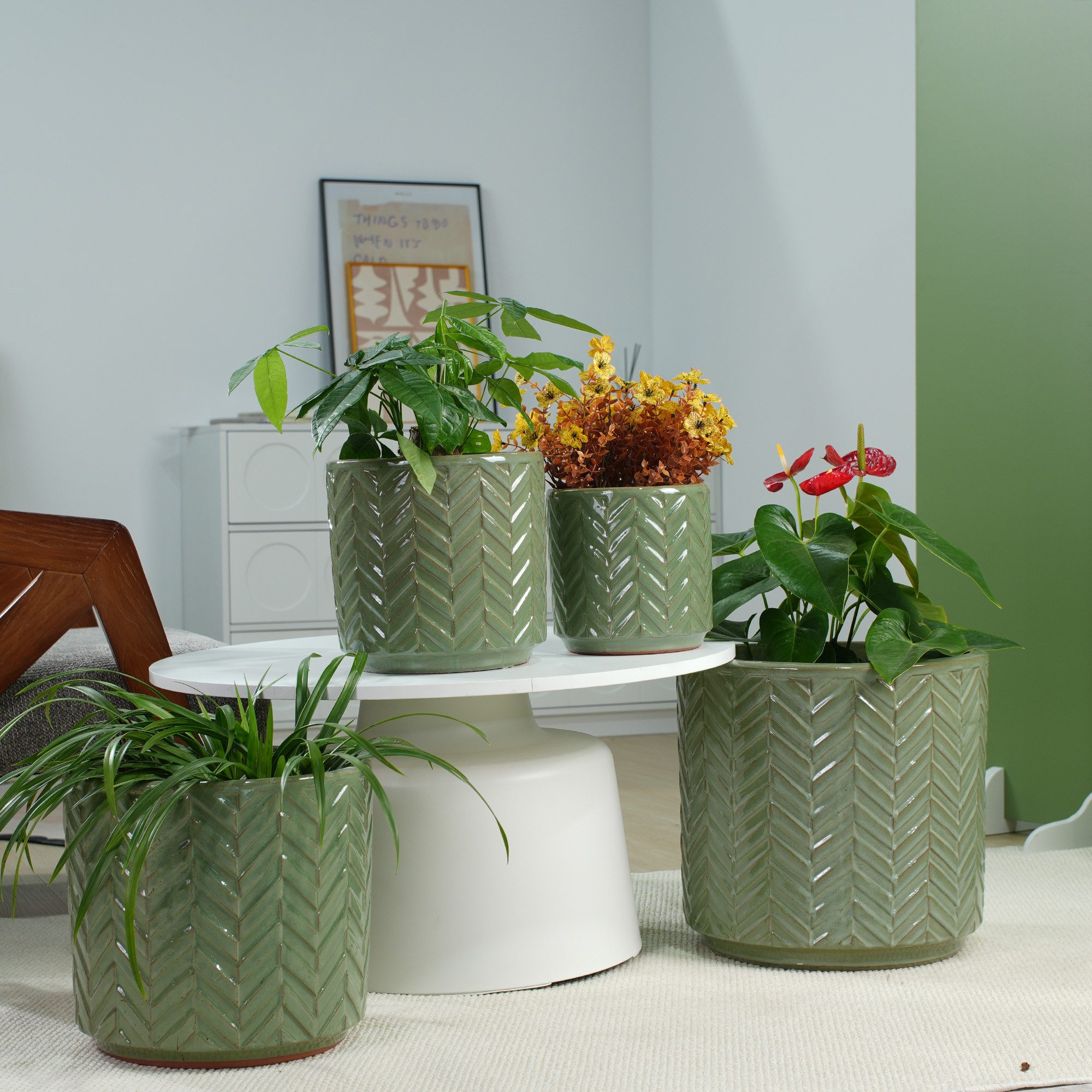 Rolipo Blumentopf Blumentopf Set 4 teilig Keramik mit Relief für Innen und Außen