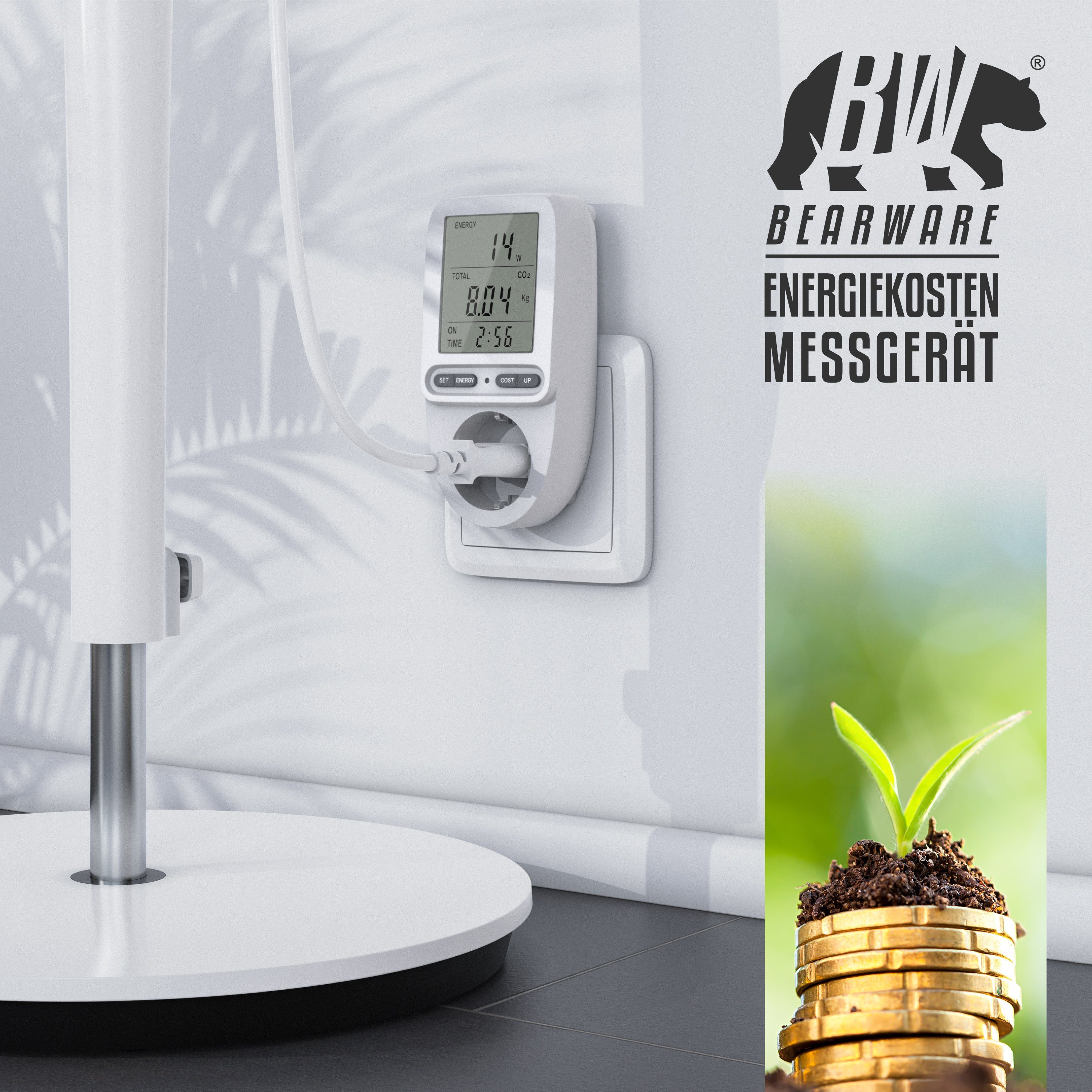 BEARWARE Energiekostenmessgerät max. 3680 W, Strommesser, Stromverbrauchszähler, Stromkostenmessgerät, Steckdose Stromzähler