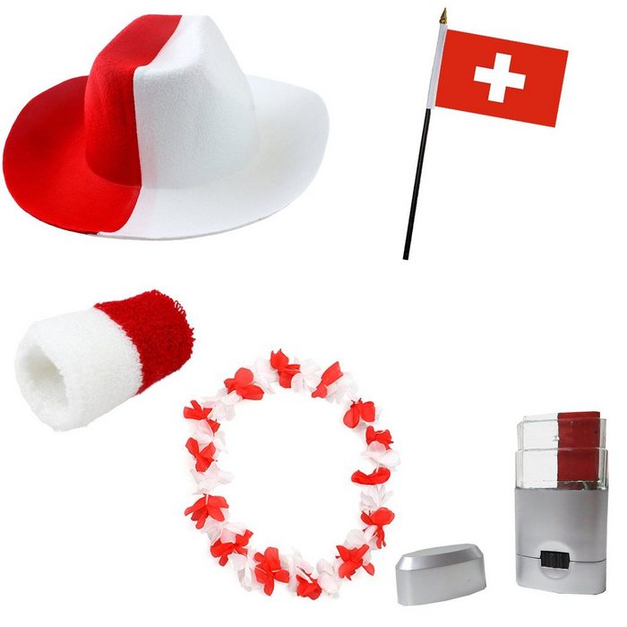 Sonia Originelli Kostüm Fanset Fanartikel Schweiz Switzerland Hut Blumenkette Schminkstift Fahne