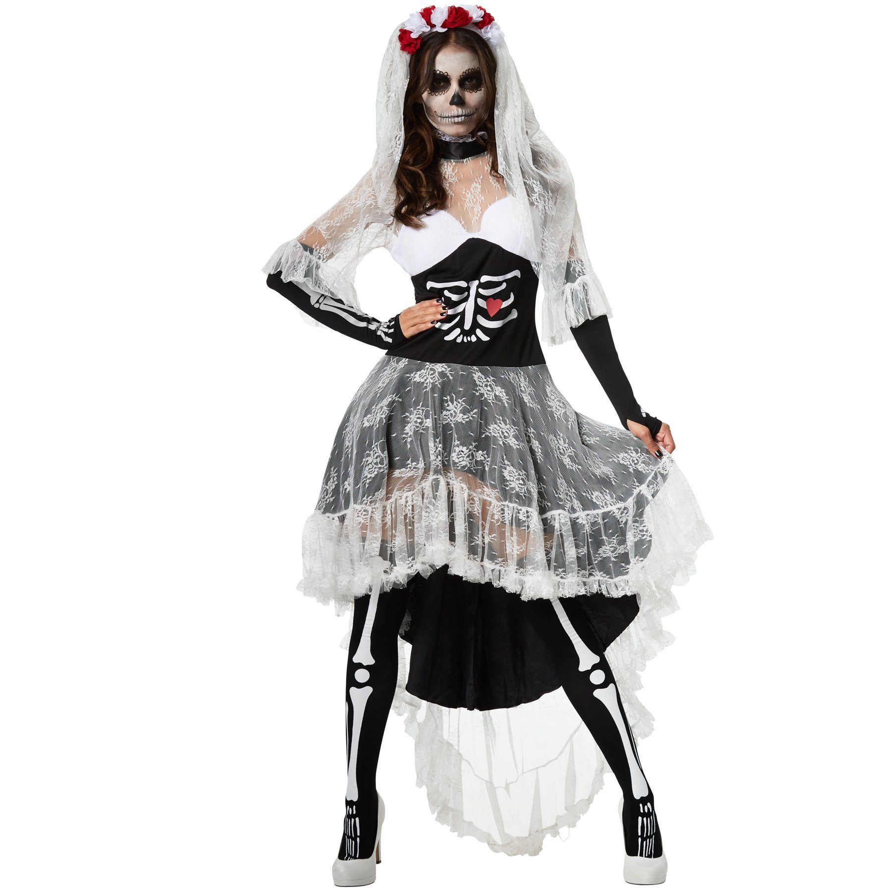 dressforfun Kostüm Frauenkostüm Gruselige Skelett-Braut, Tailliertes Vokuhila-Kleid