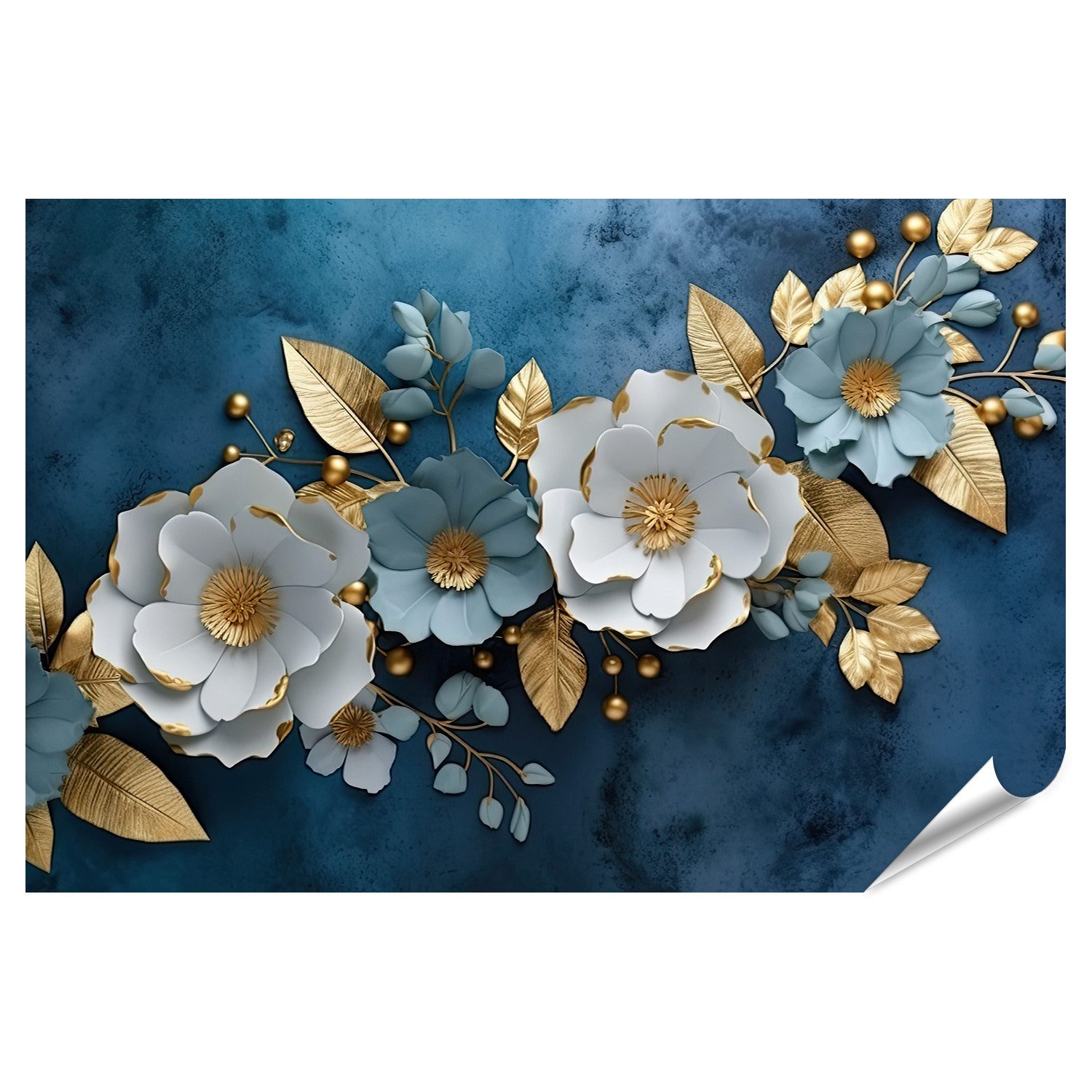 Poster Marmor Textur Blau Gold Farben Goldene Blumen Luxuriöses Des Bilder