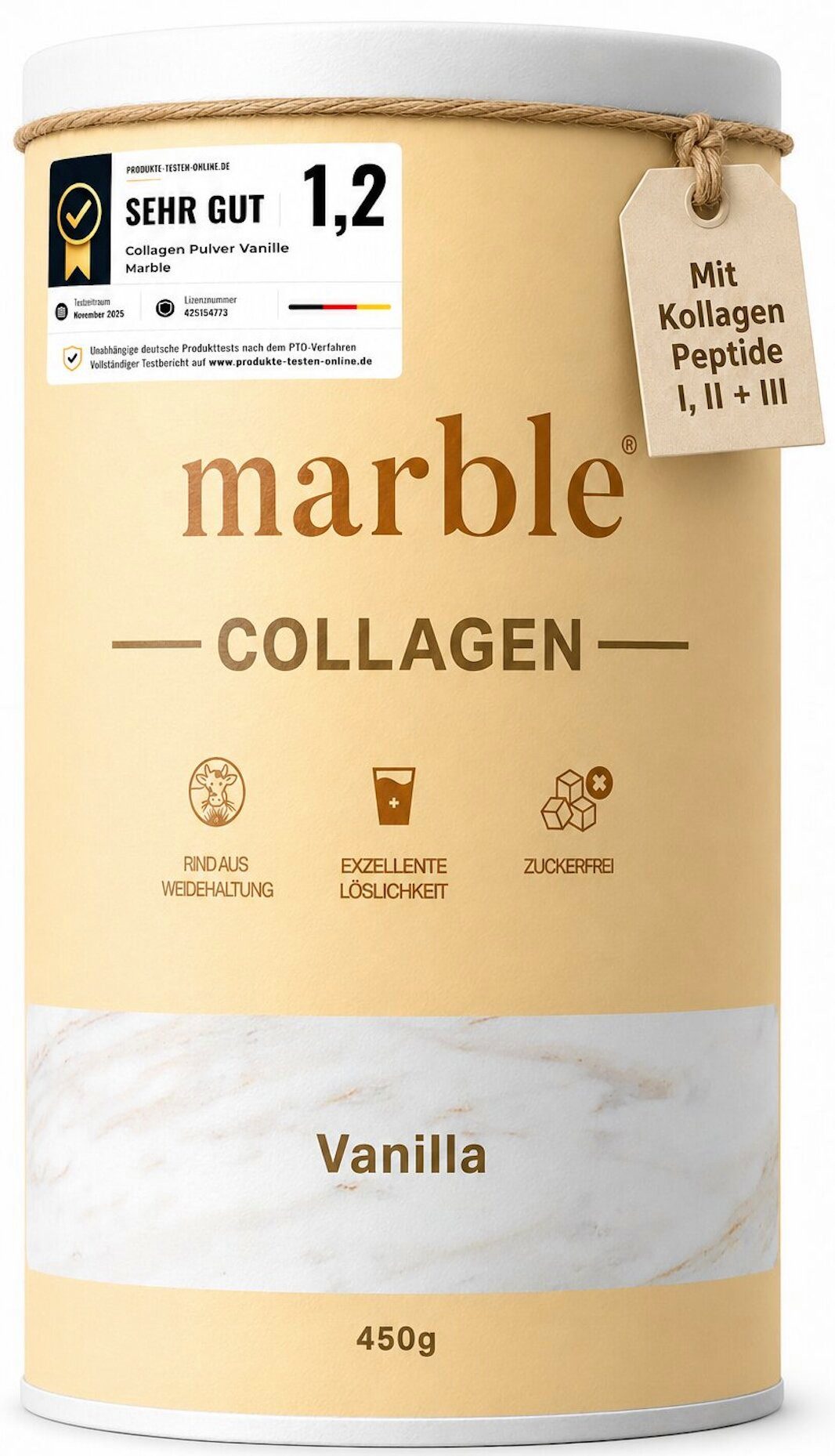 Marble Kollagen Pulver Vanille 450g – Typ I, II & III, ohne Zucker Pulver, 1 er 1 St., 450 g, Pappdose ohne Plastik