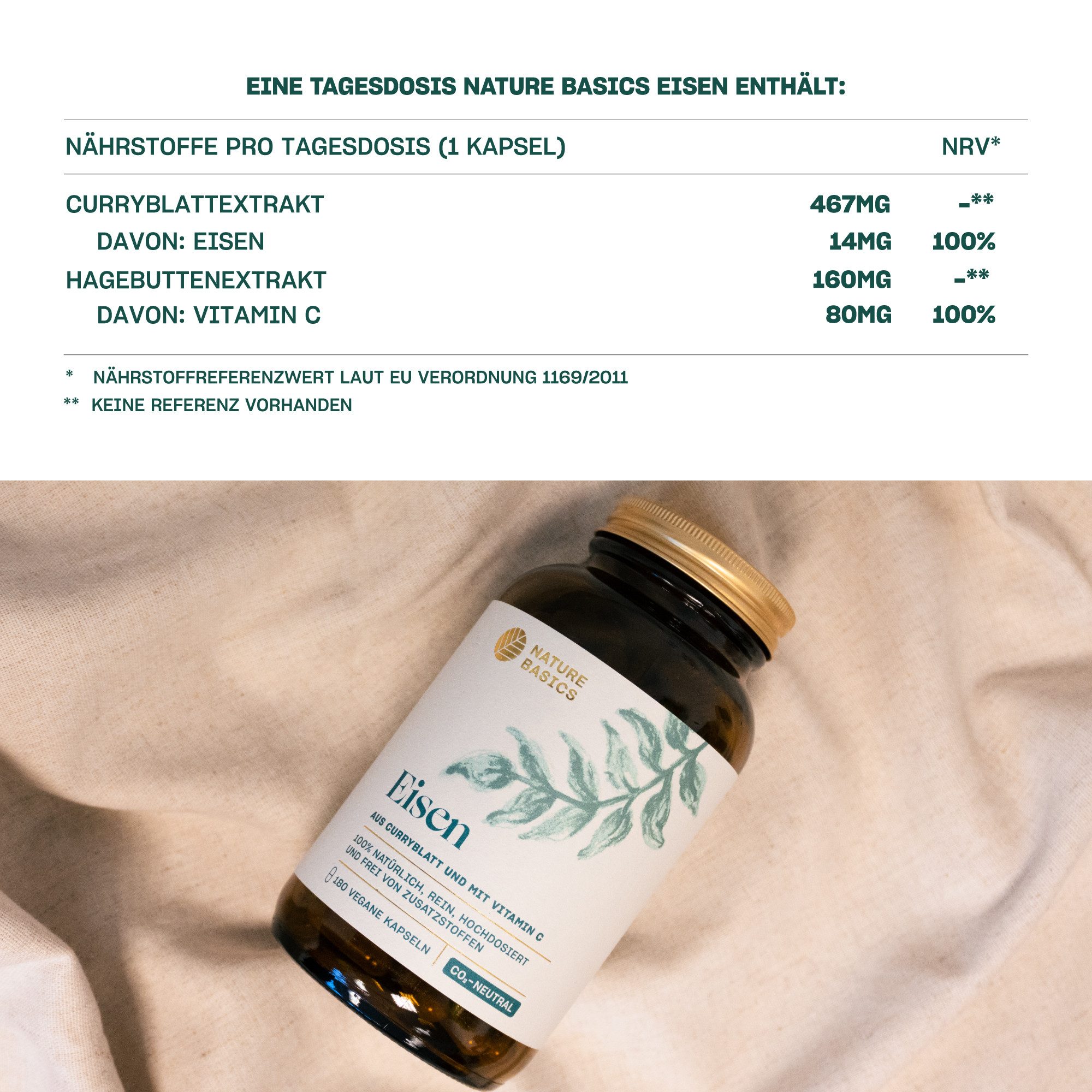 Nature Basics Natürliches Eisen mit Vitamin C Vegan im Braunglas 180 Kapseln, 180 St., 135 g