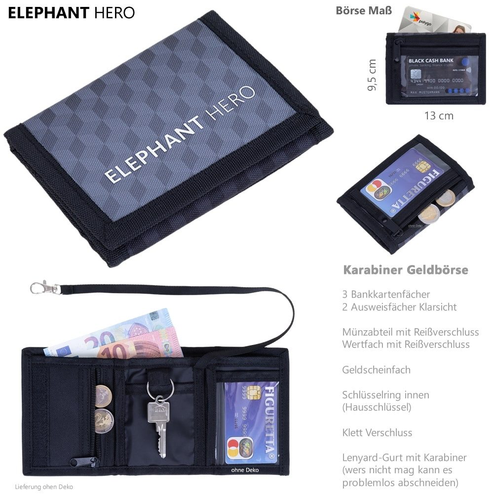 ELEPHANT Geldbörse Mädchen Jungen Hero Signature, Wallet Klettbörse Schülerbörse Schlüsselring Ausweisfach