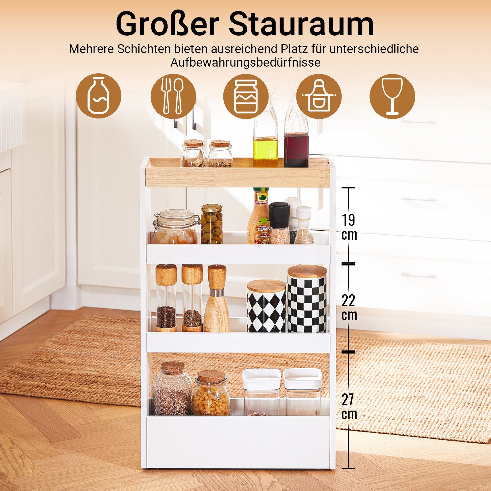 SoBuy Beistellwagen NSR12, Nischenregal mit 4 Etagen, Küchenregal mit Rollen, Nischenwagen, Küchenwagen schmal, Beistellwagen, Rollwagen 4 Ebenen, Nischenregal