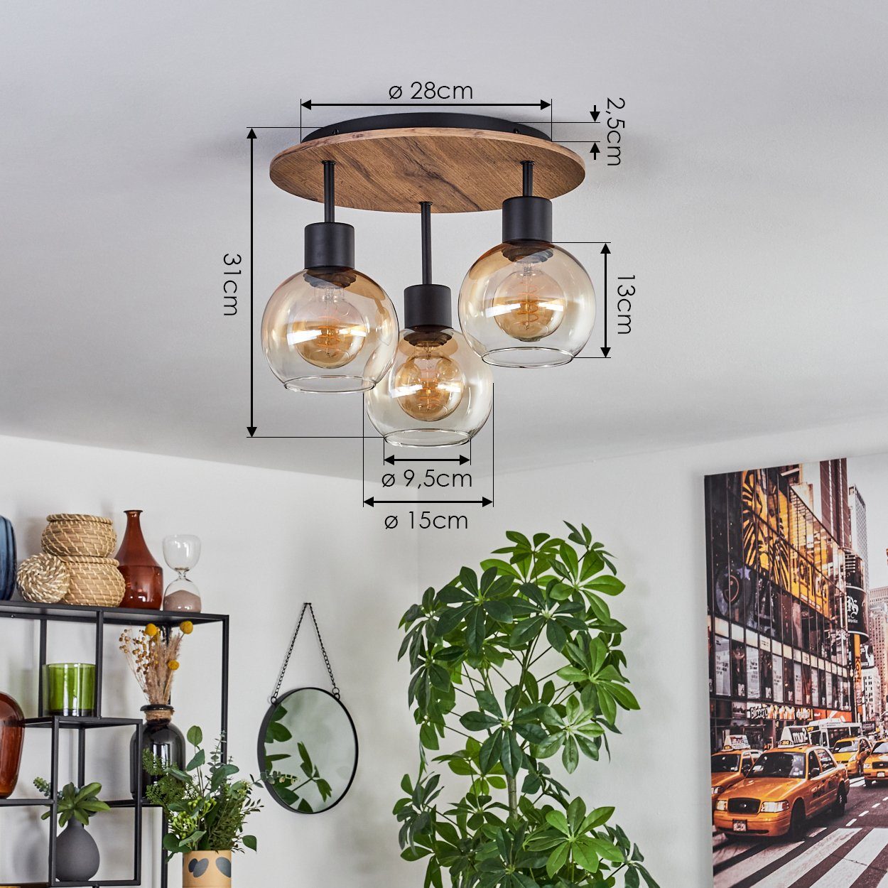 hofstein Deckenleuchte Deckenlampe aus Metall/MDF/Glas in Schwarz/Braun in Holzoptik, ohne Leuchtmittel, mit Schirmen aus Glas (15 cm), 3 x E27, ohne Leuchtmitt – Bild 4 von 5