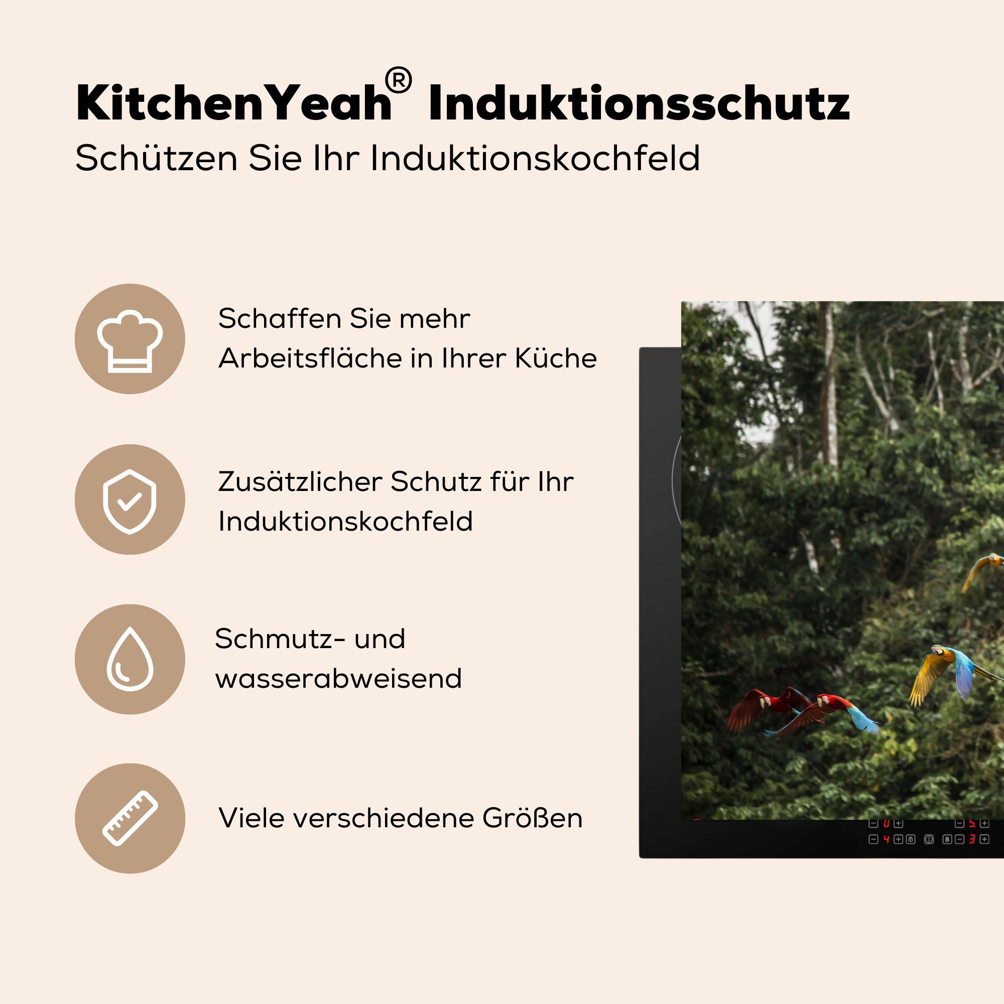 MuchoWow Herdblende-/Abdeckplatte Papageien - Fliegen die 81x52 Ceranfeldabdeckung Vinyl, für küche, Schutz Wald, Induktionskochfeld (1 tlg), - cm