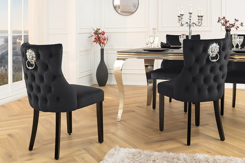 riess-ambiente Esszimmerstuhl CASTLE DELUXE schwarz - Samt, Holzbeine, Löwenkopf-Griff (Einzelartikel, 1 St), glamouröser Stuhl mit Nieten - ideal für Deinen Barock-Look