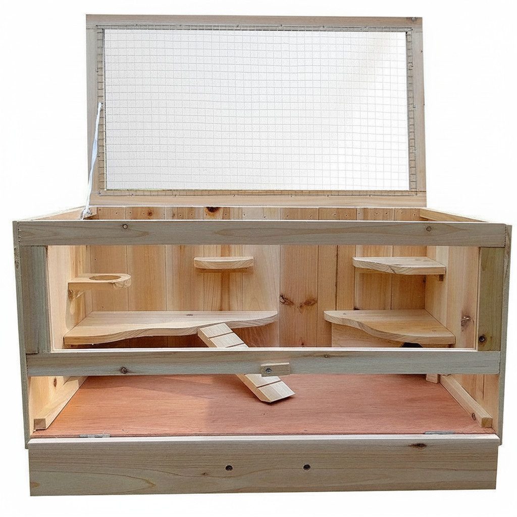 Mucola Kleintierkäfig Nagerkäfig mit 2 Ebenen für Hamster & Kaninchen Gitterkäfig Naturholz, Plexiglas-Front, 2 Ebenen und integriertes Häuschen