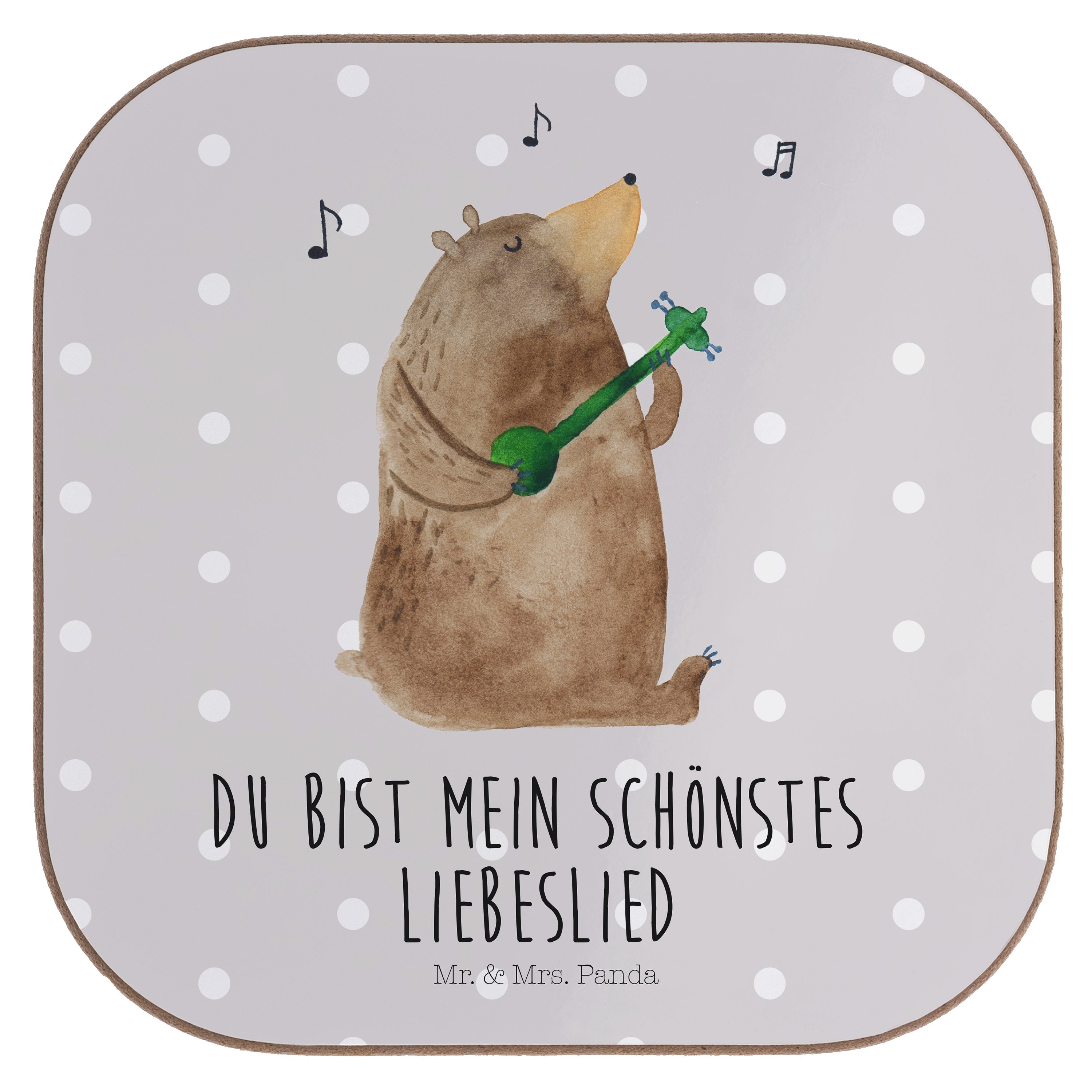 Mr. & Mrs. Panda Getränkeuntersetzer Bär Lied - Grau Pastell - Geschenk, Valentinstag, Bierdeckel, Glasunt, 1-tlg.