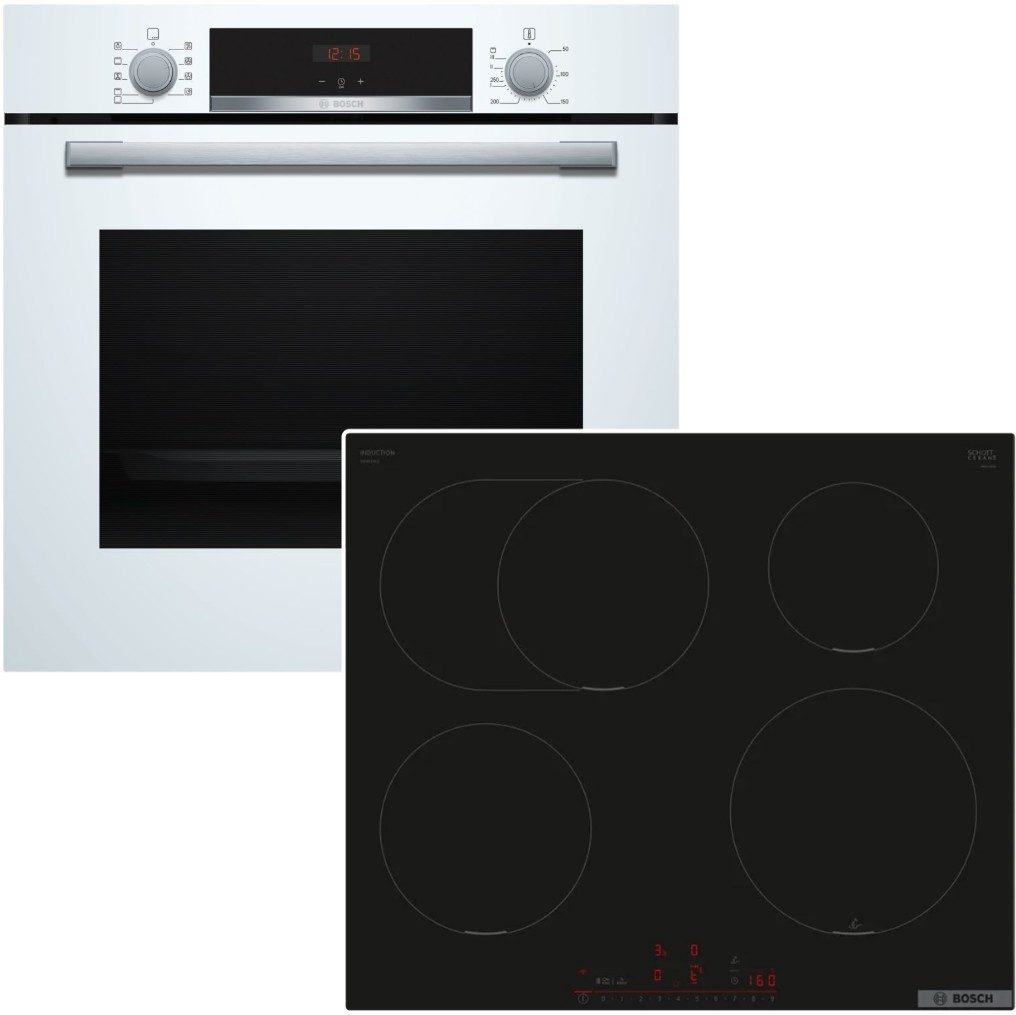 BOSCH Backofen-Set weiß 3D-Heißluft +Induktionskochfeld PowerBoost TouchControl rahmenlos, Hydrolyse